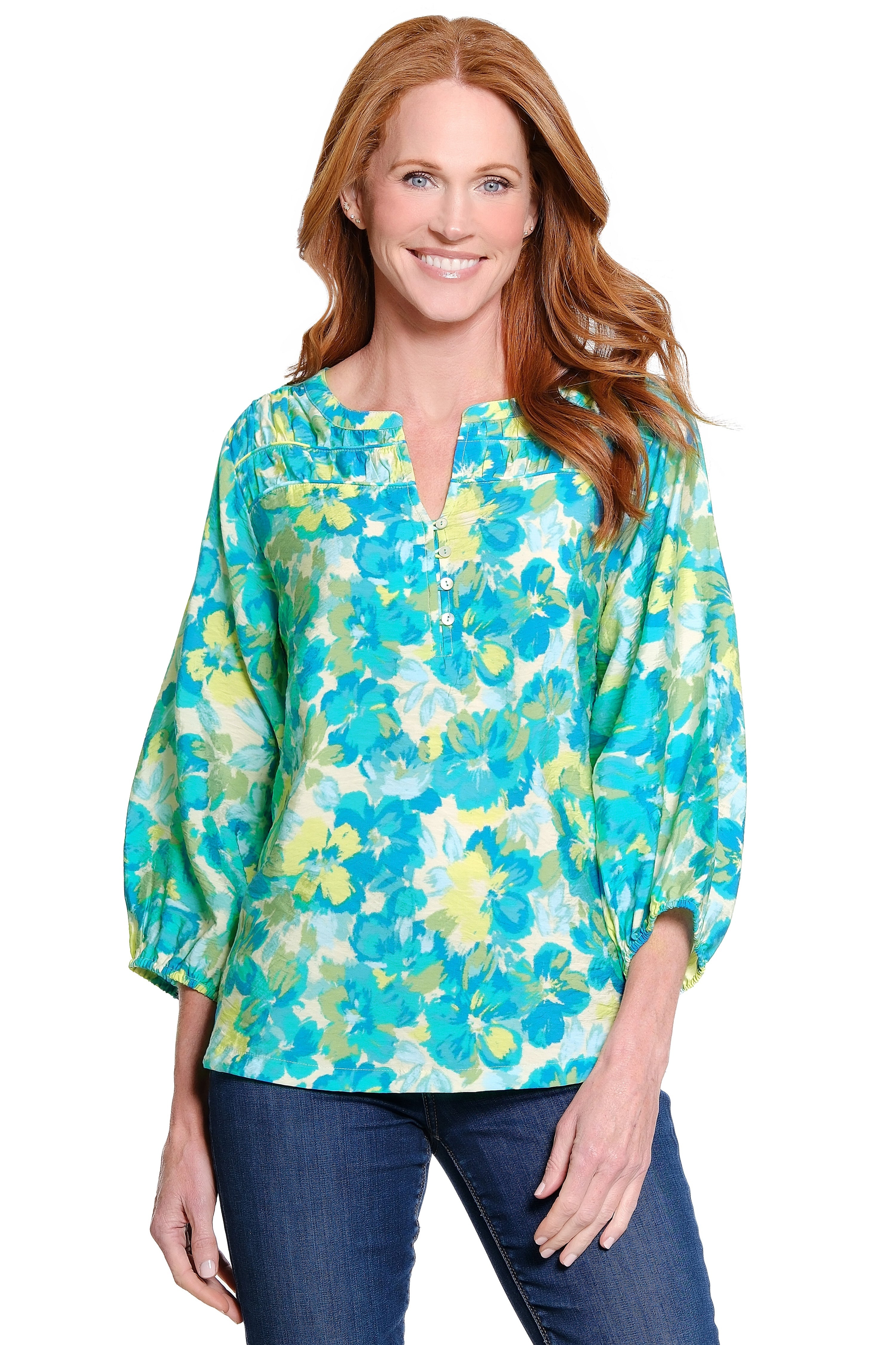 Y-Neck Woven Popover Top - Cool Mint