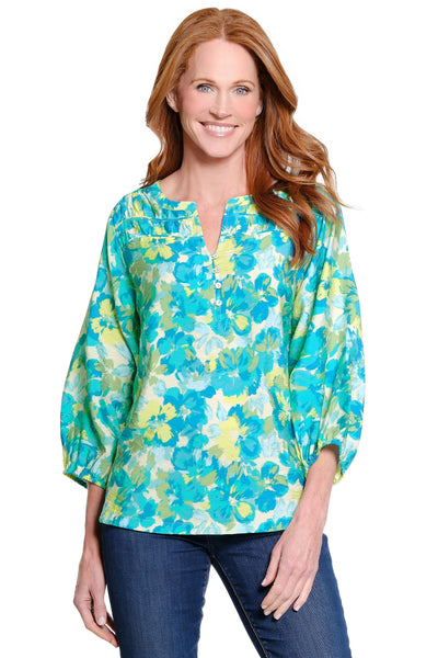 Y-Neck Woven Popover Top - Cool Mint