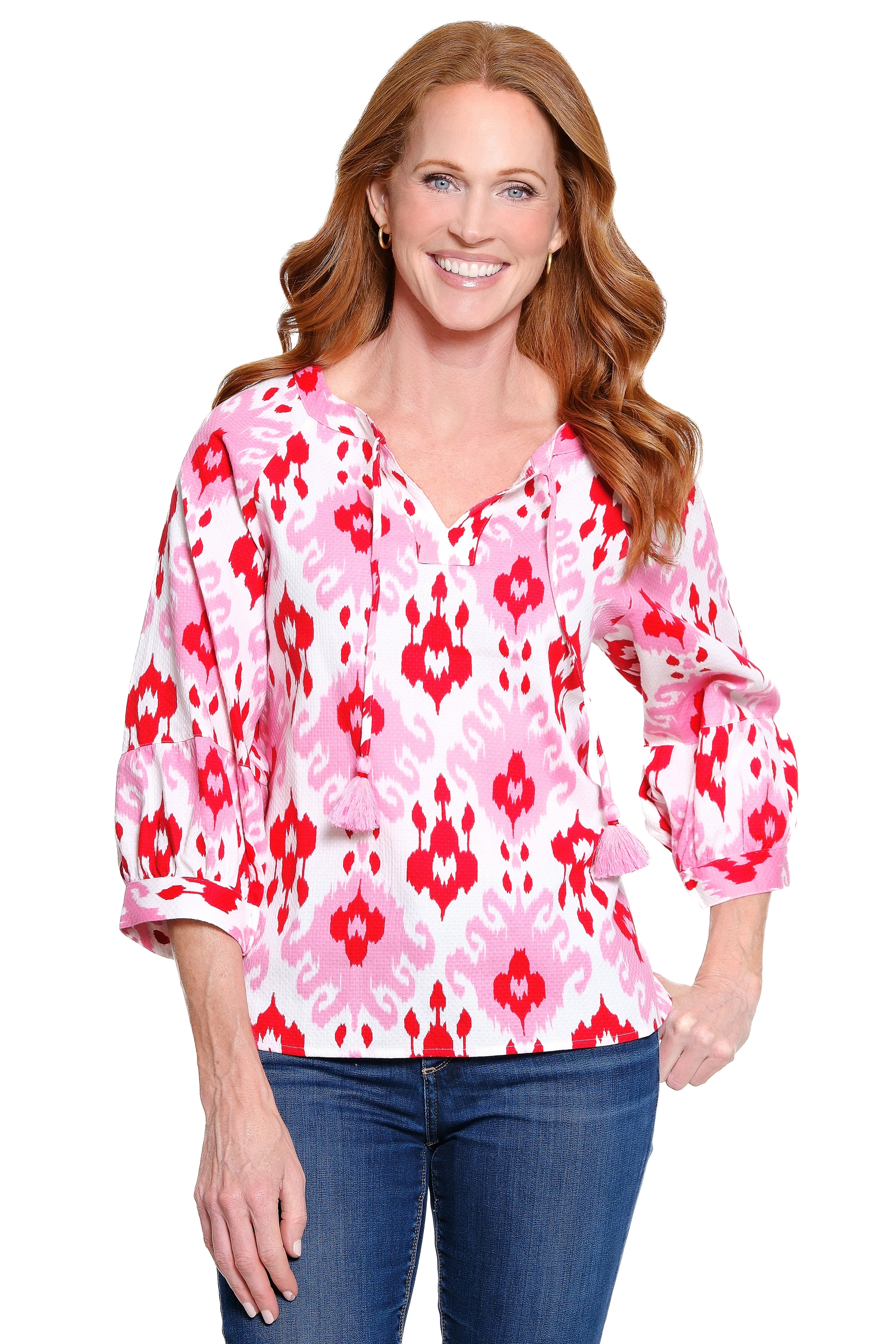 Textured Popover Top with Pom Tassels - Tie Dye Multi