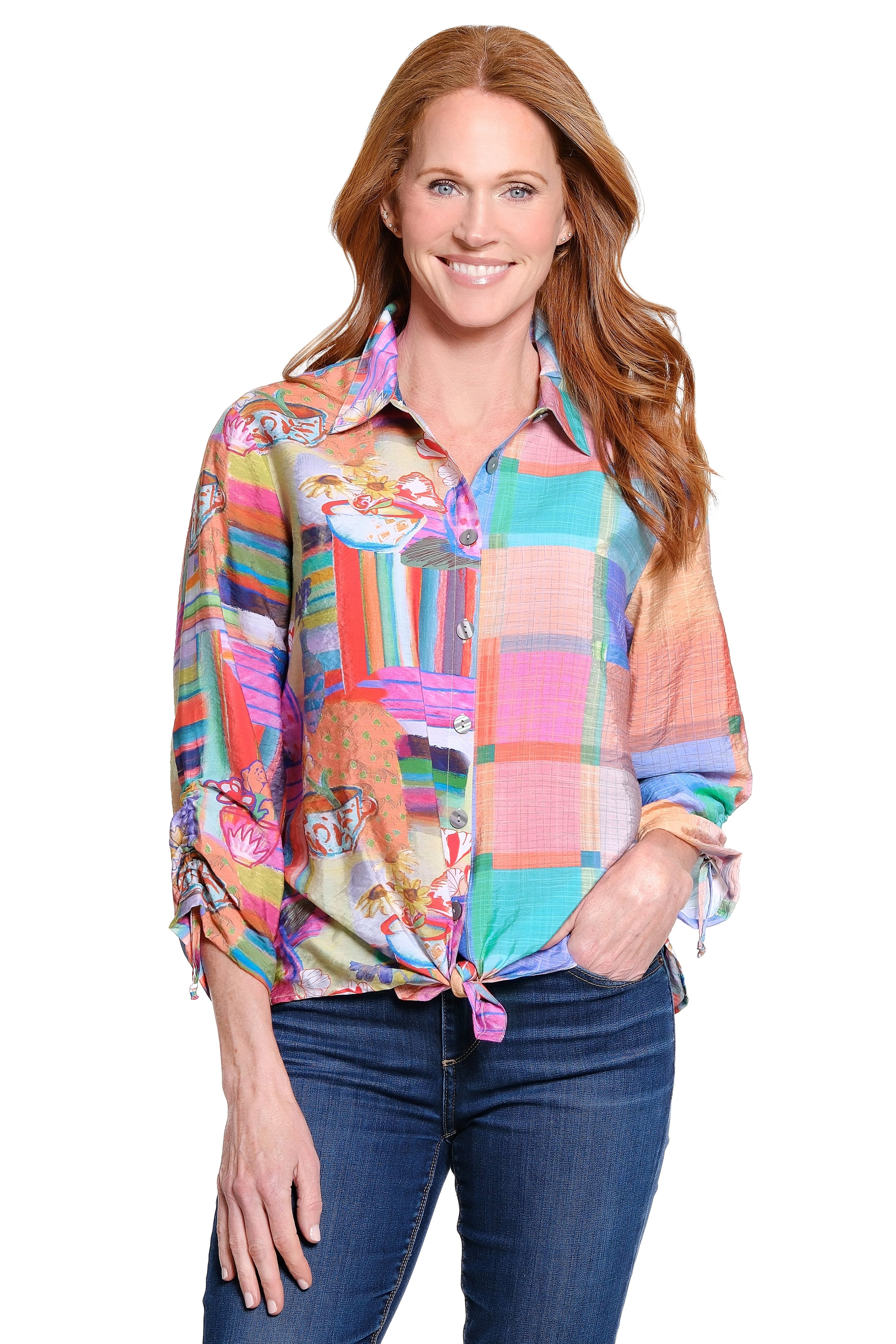 Point-Collar Tunic with Tie Details - Square Multi