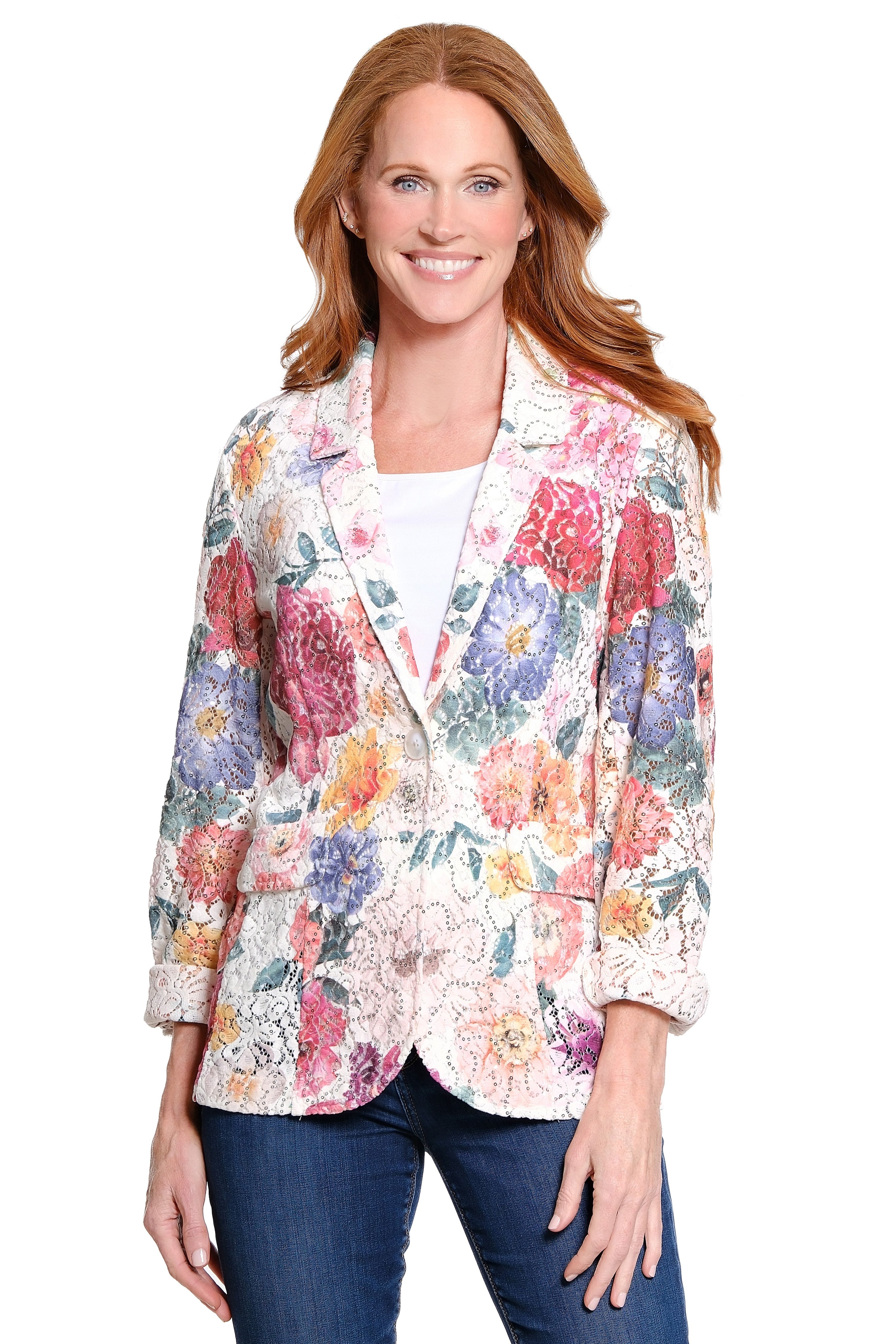 Printed Lace Jacket with Sequin Detail - Abstract Floral