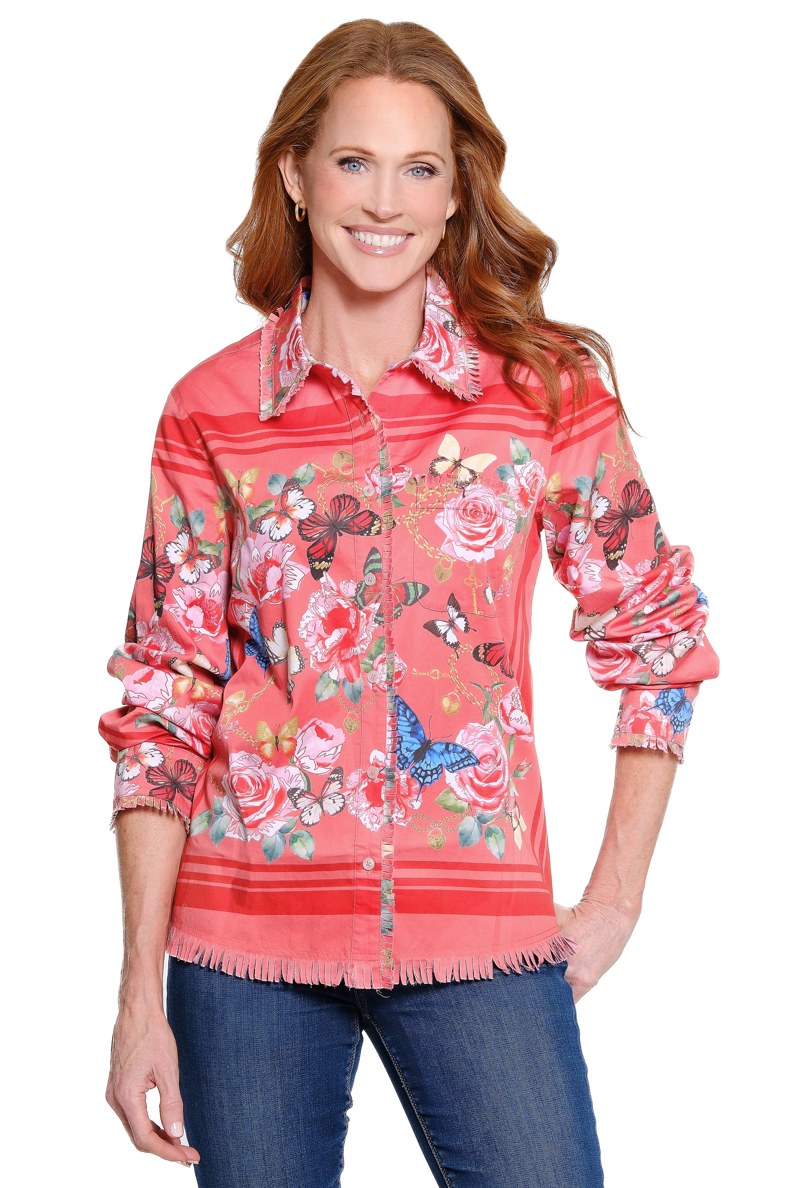 Clipped-Collar Tunic - Coral Print