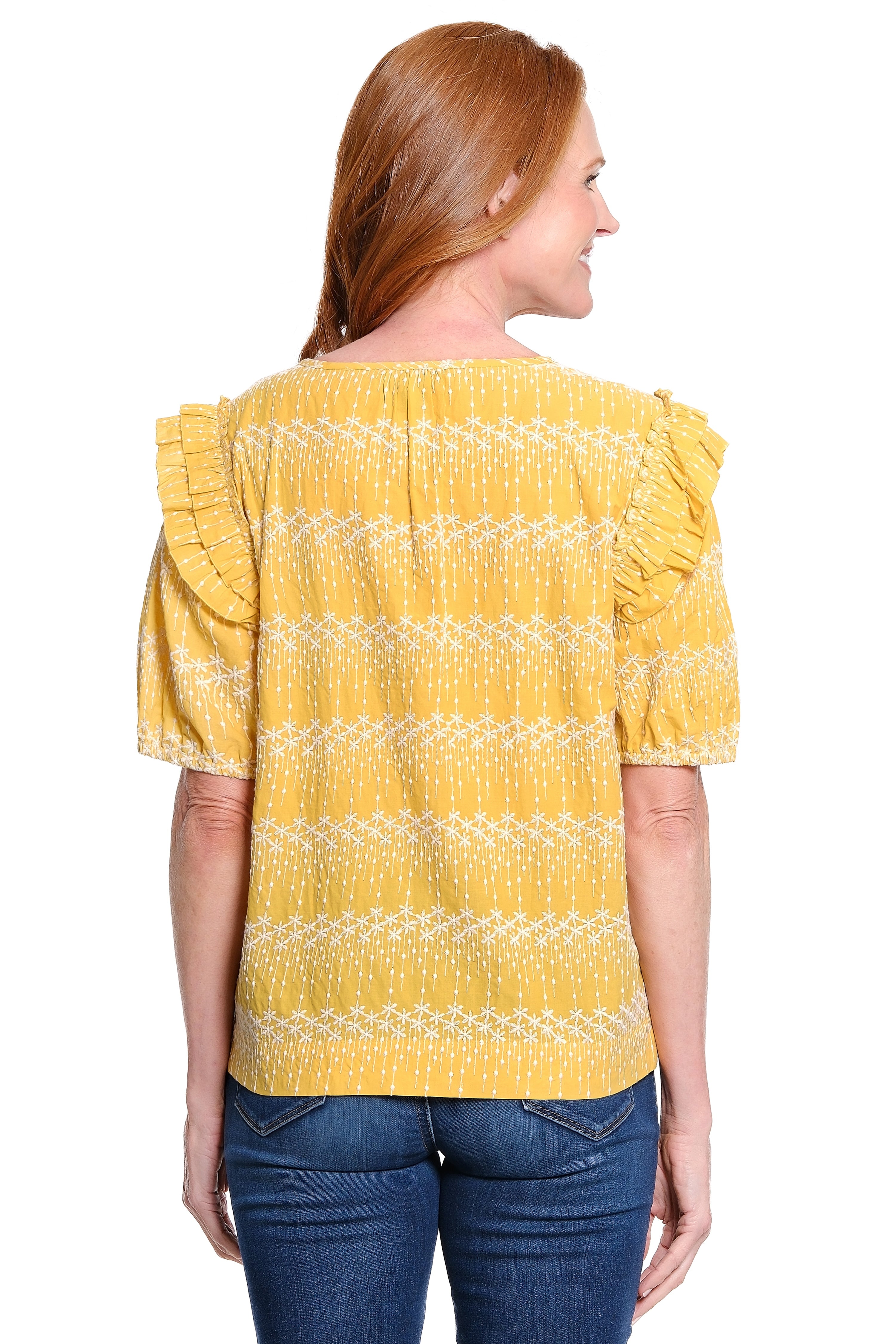 Embroidered Top with Ruffle Shoulders - Soft Sun