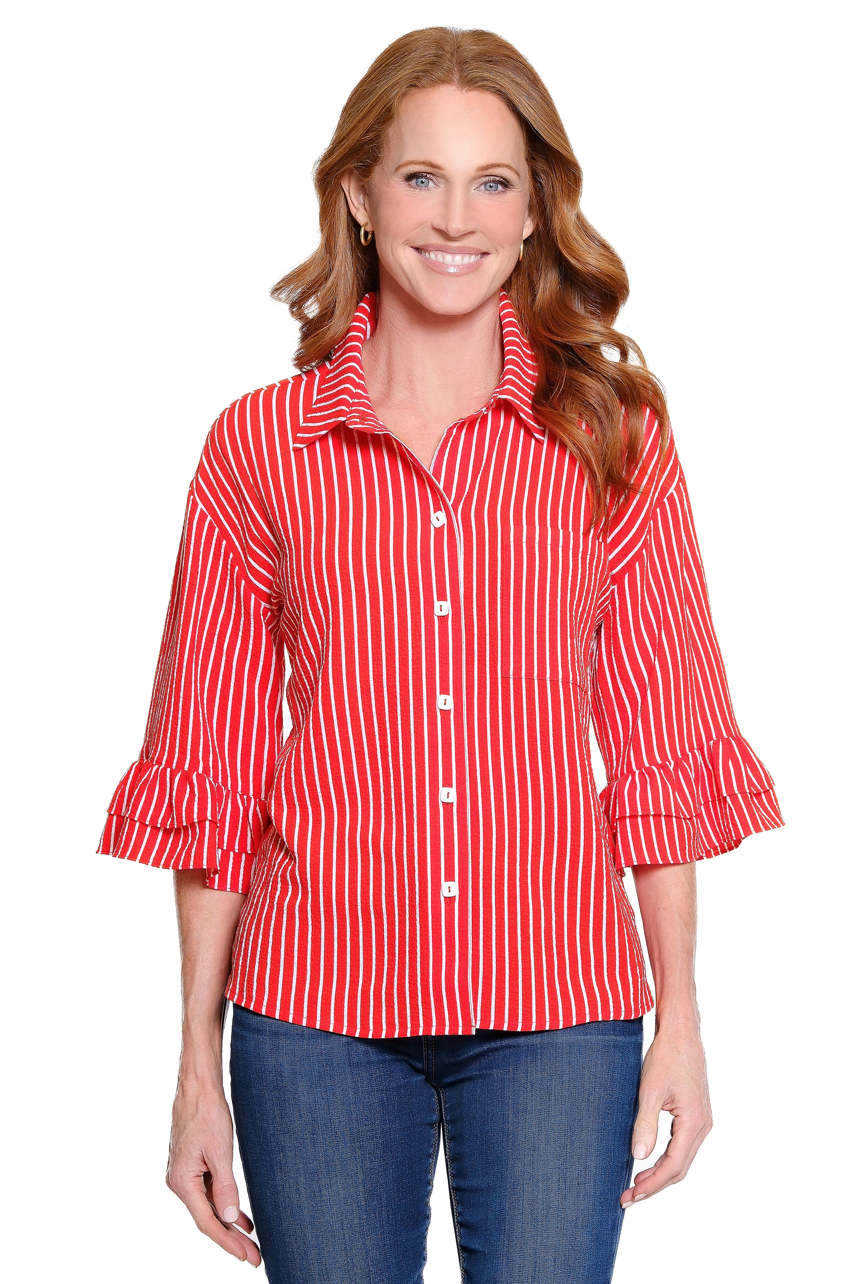 Printed Top with Ruffle Sleeves - Vivid Red