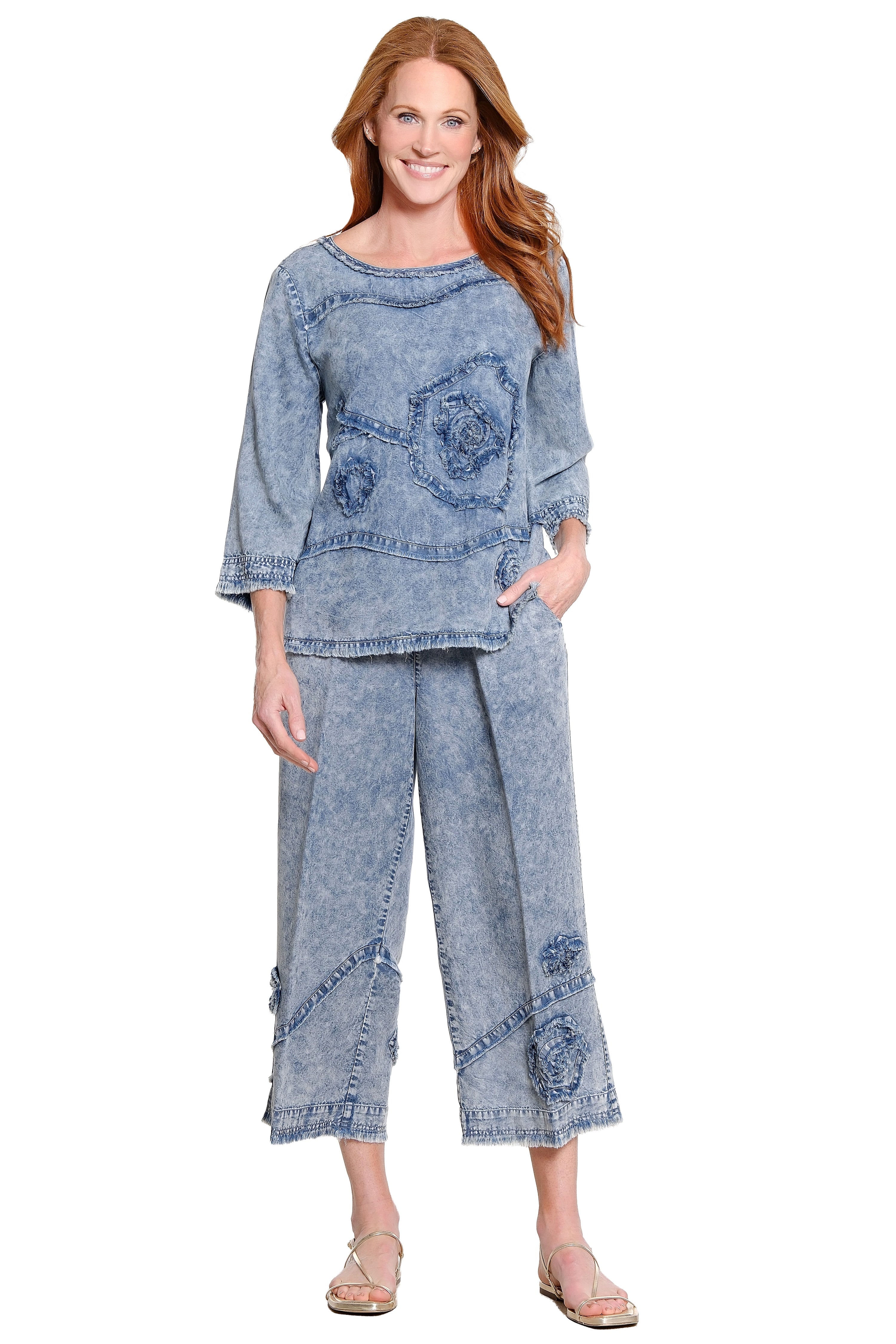 Appliqué Detail Cropped Drawstring Pant - Denim