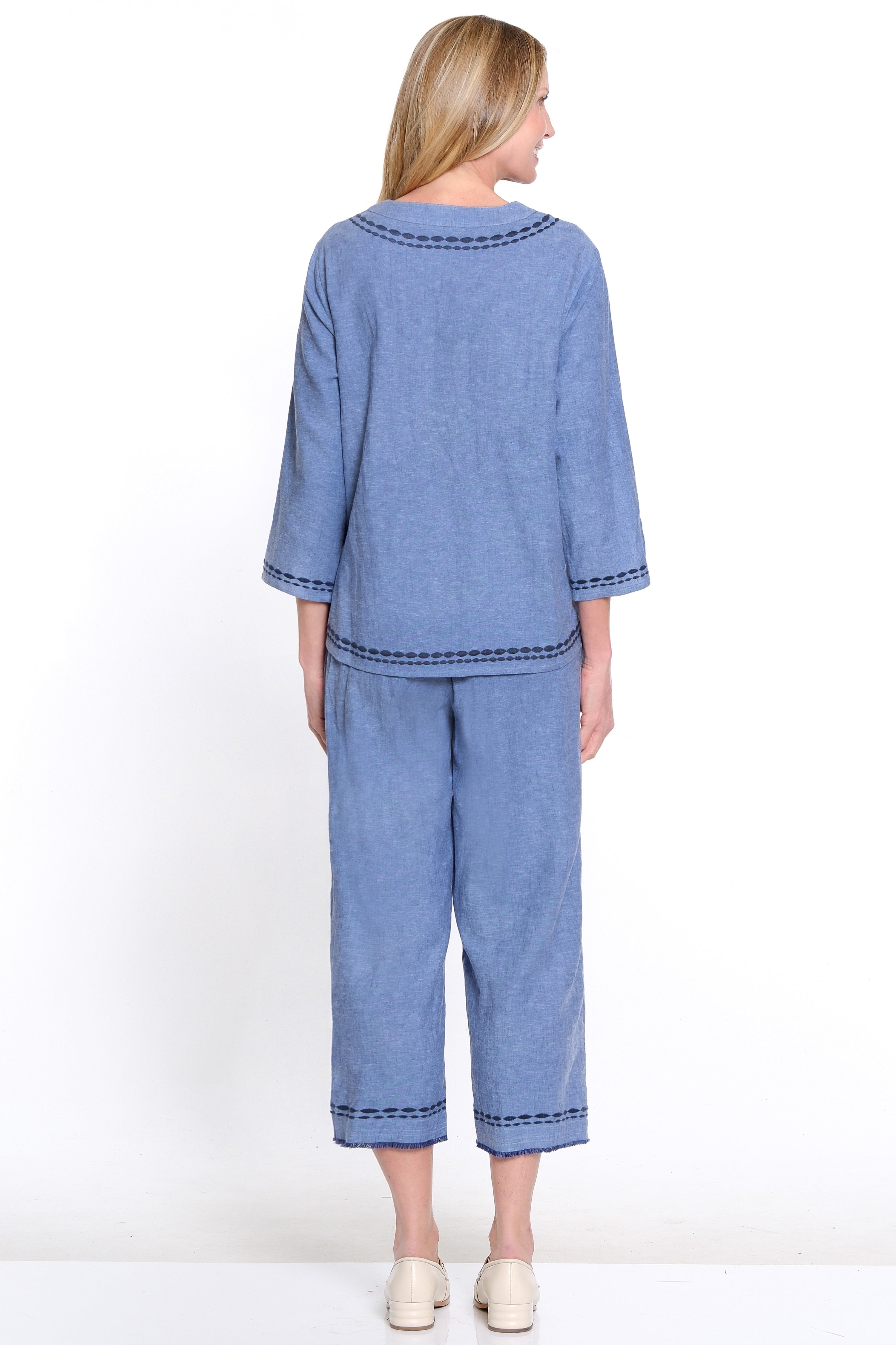 Embroidered Woven Pant with Frayed Hem - Medium Denim