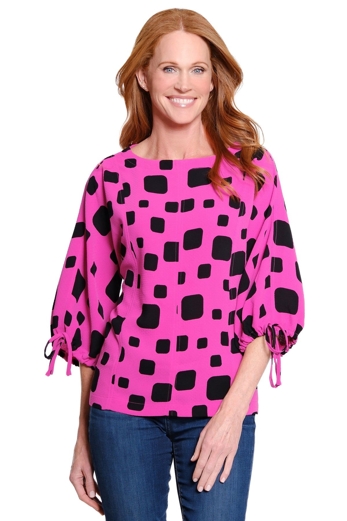 Raspberry Color Top Popover Top with Cinch-Tie Sleeves - Raspberry