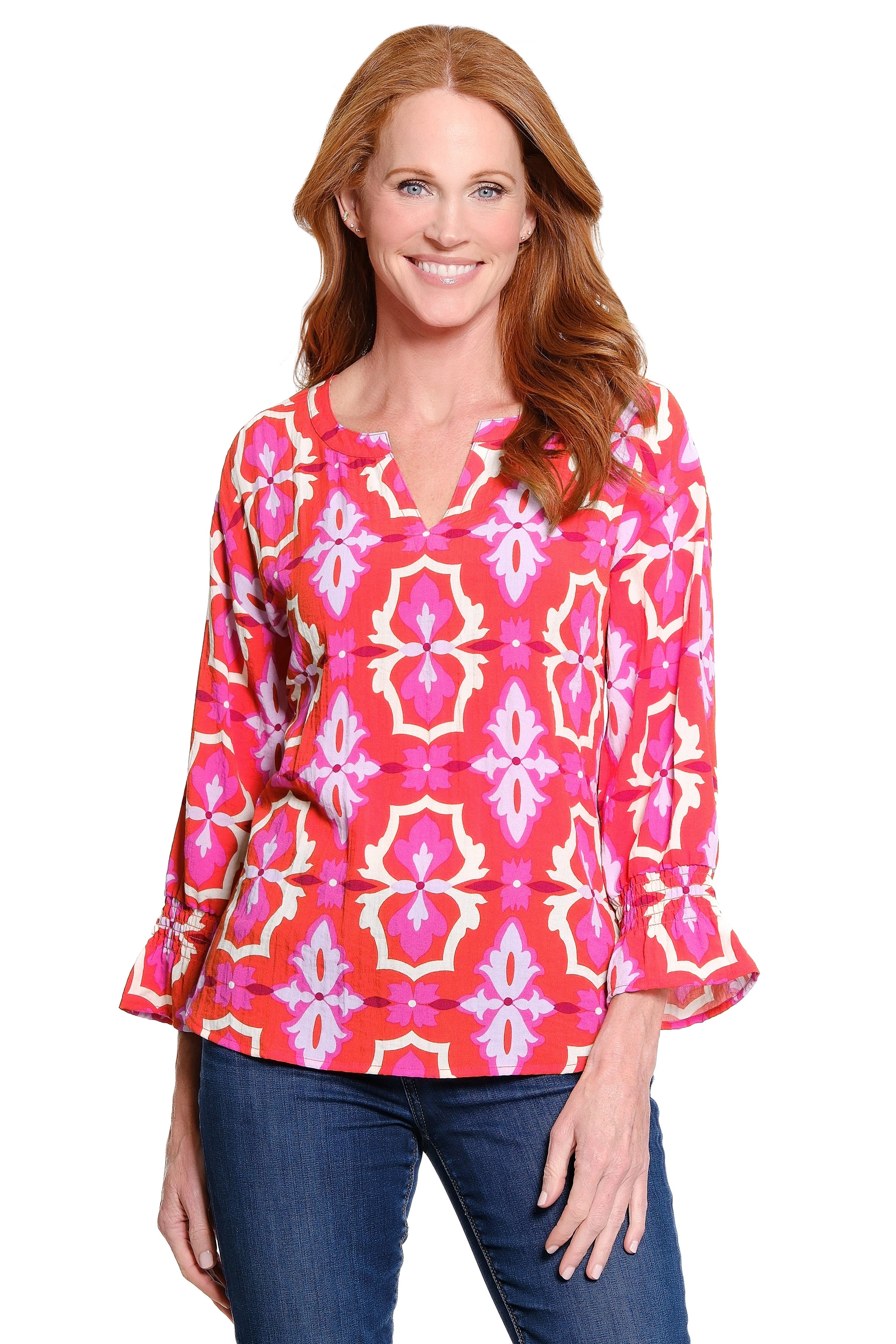 V-Neck Popover Tunic with Smocked Sleeves - Pink Lemonade