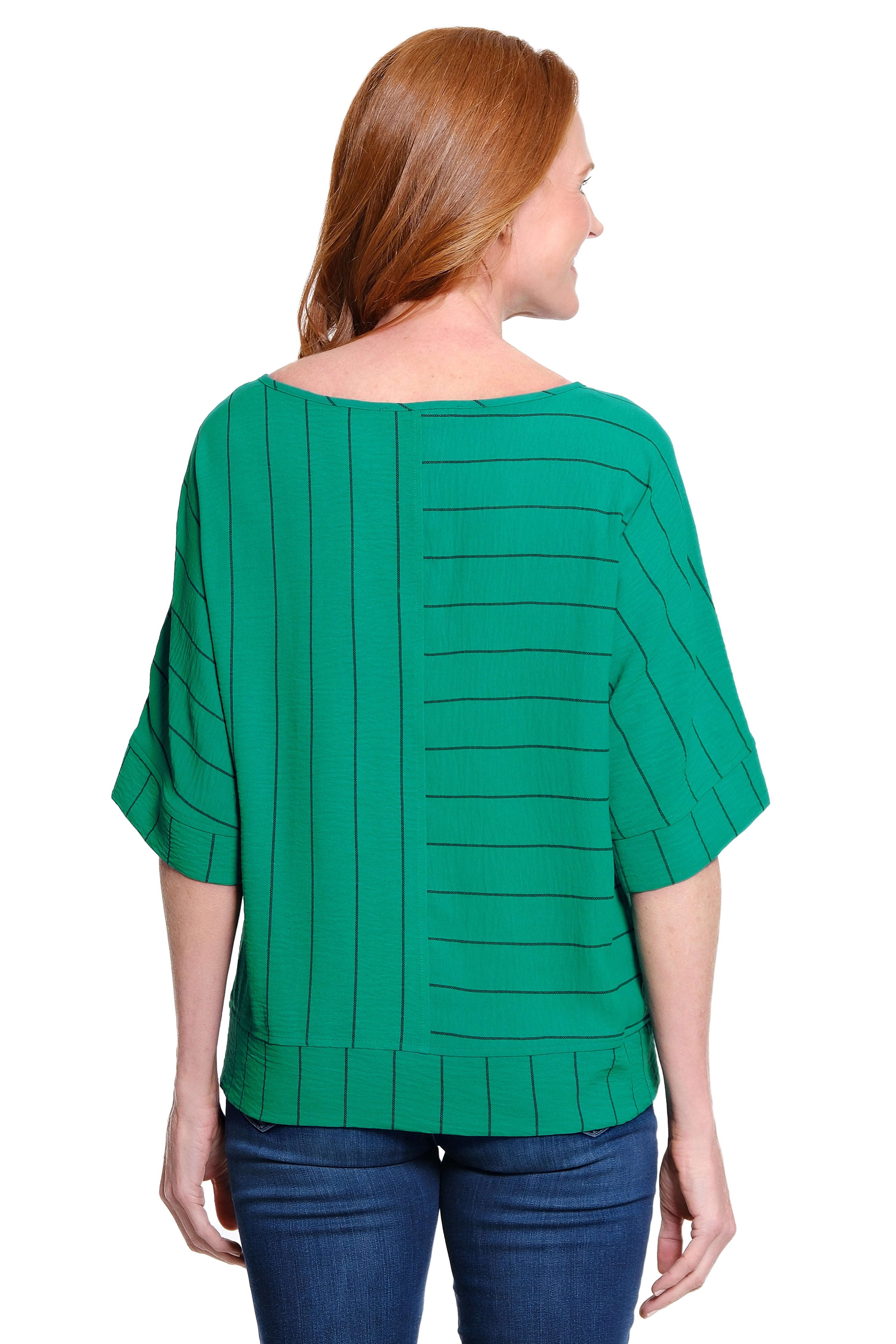 Stripe Print Woven Popover Top - Emerald
