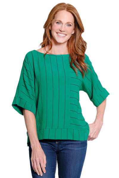 Stripe Print Woven Popover Top - Emerald
