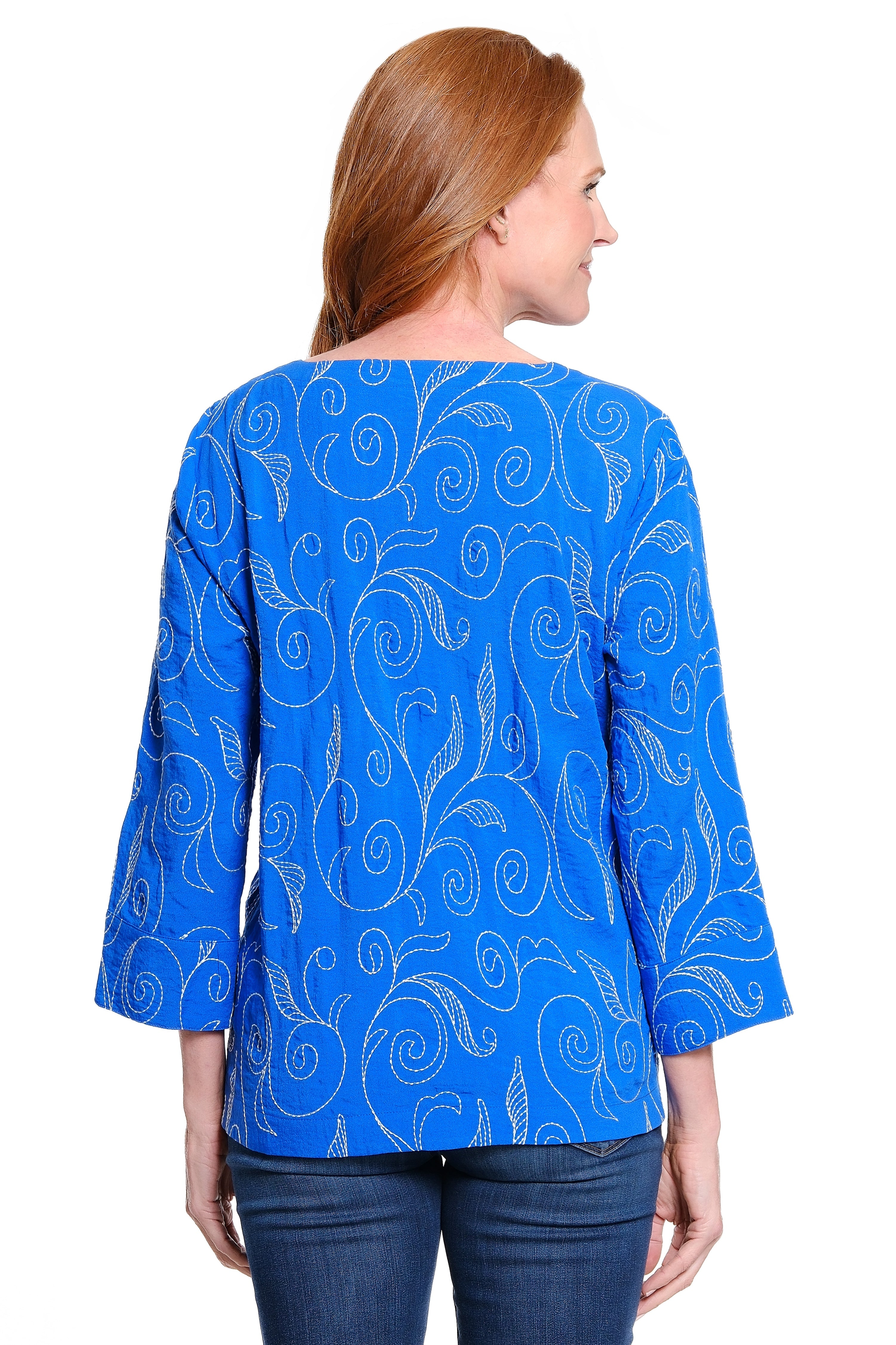 Embroidered V-Neck Popover - Electric Blue