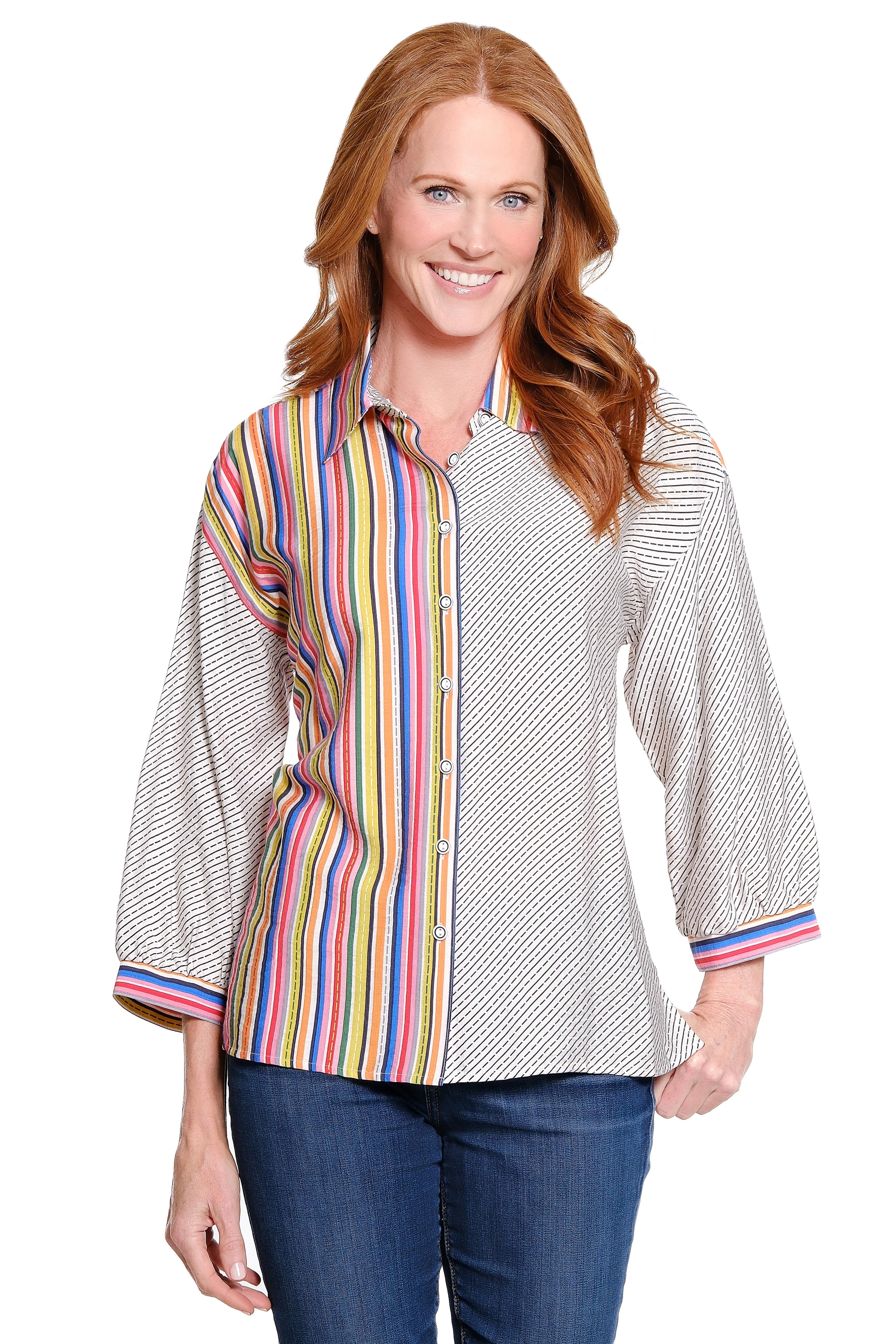 Point Collar Woven Top - Stripe Multi