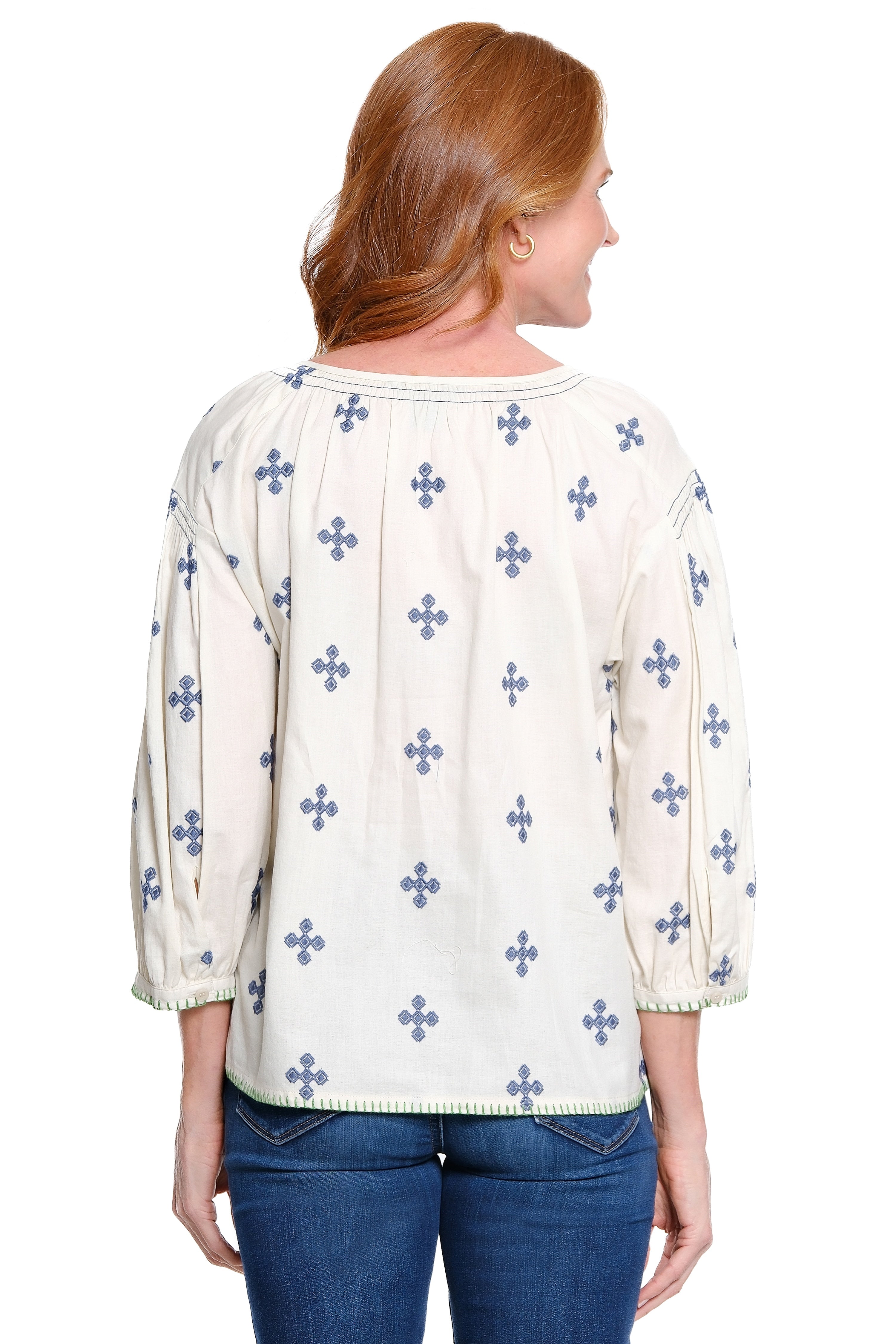 Embroidered Top with Smocked V-Neck - Bone