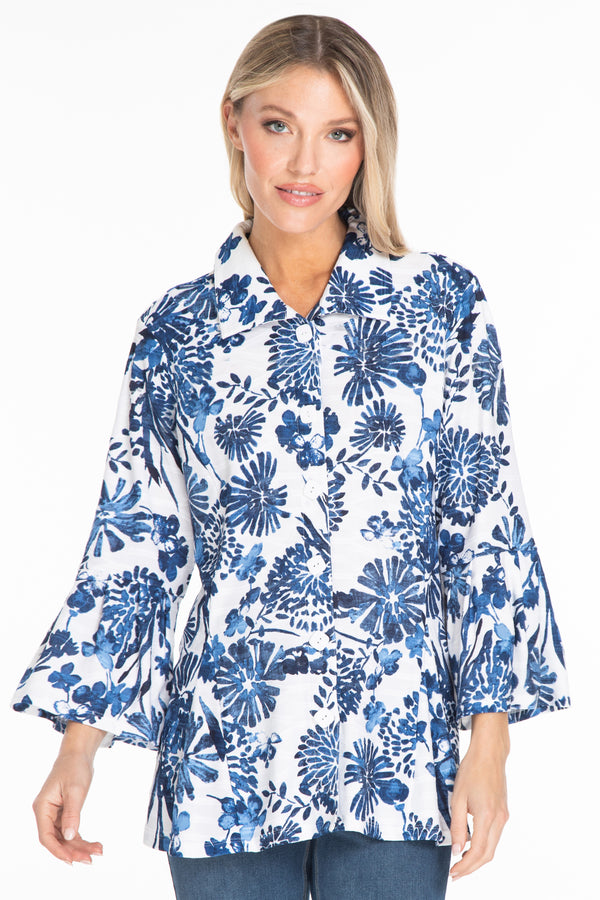 Bell Sleeve Floral Tunic - Blue Print