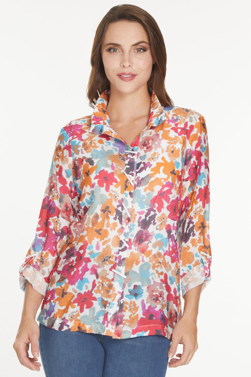 Button Front Tunic - Fuchsia Print