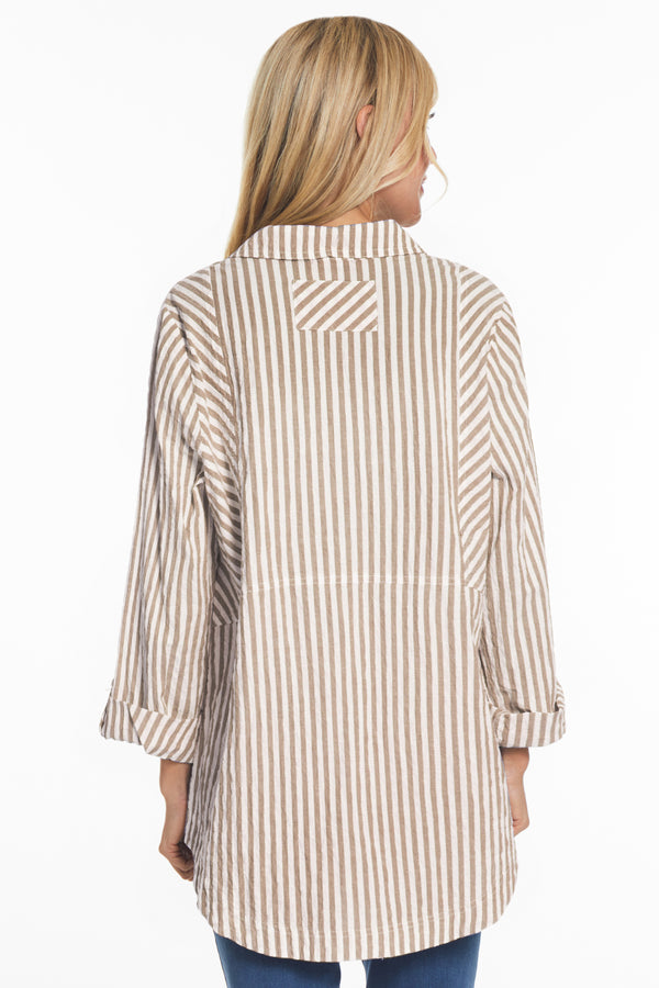 Striped Button Front Tunic - Petite - Khaki Stripe