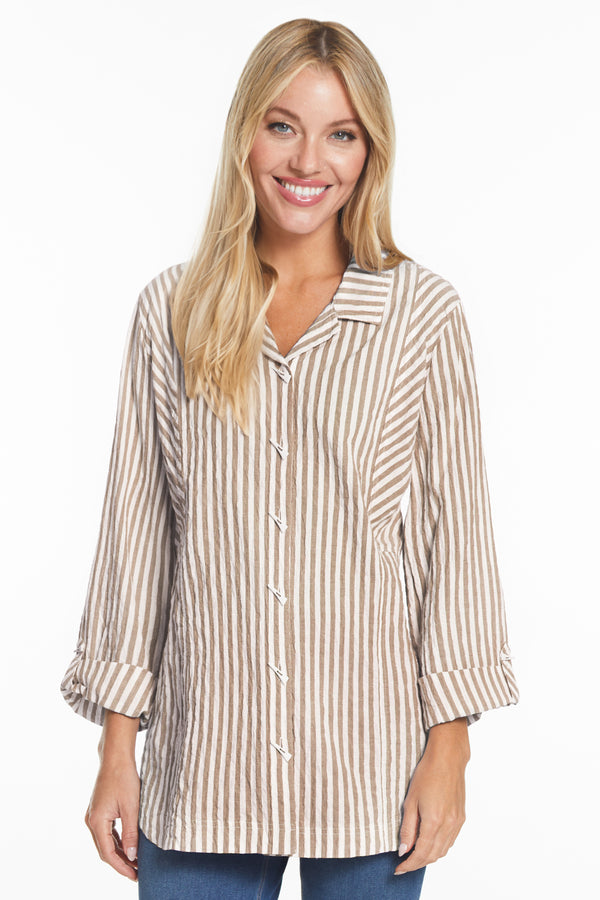 Striped Button Front Tunic - Women's - Khaki Stripe