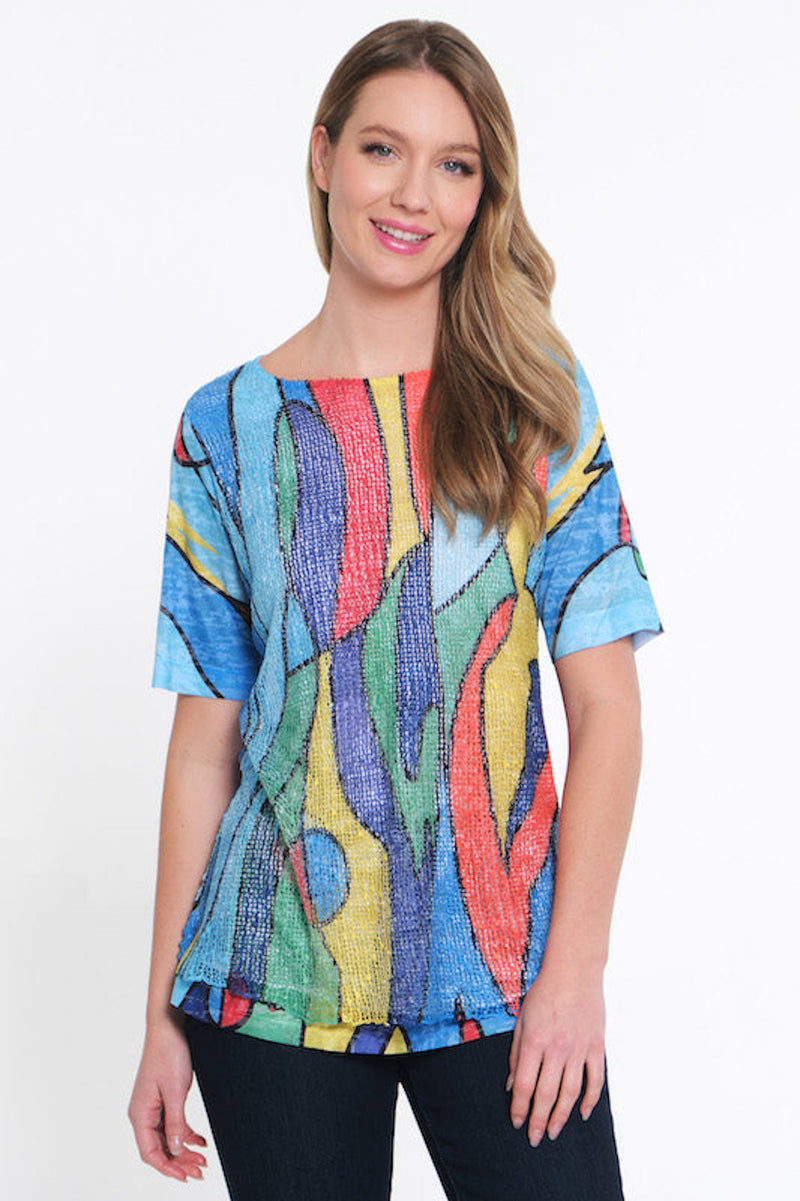 Mesh Print Top- Abstract Multi