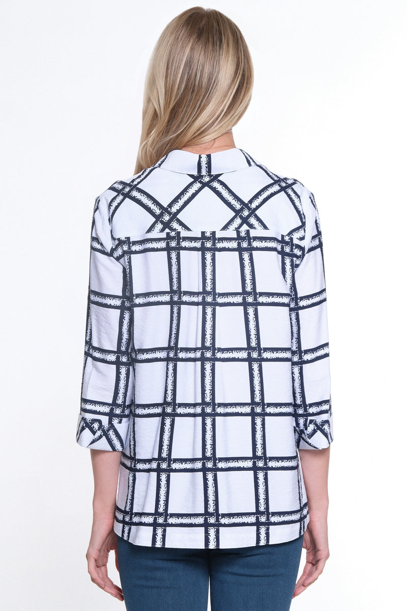 Woven Button Front Tunic-Petite- White/Blue