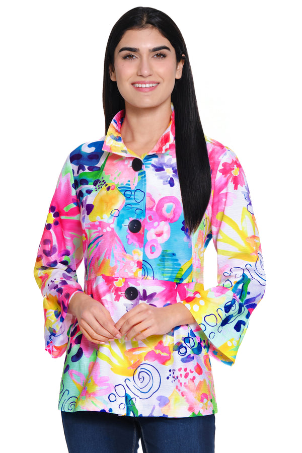 Print Woven Button Front Jacket - Petite - Abstract Multi