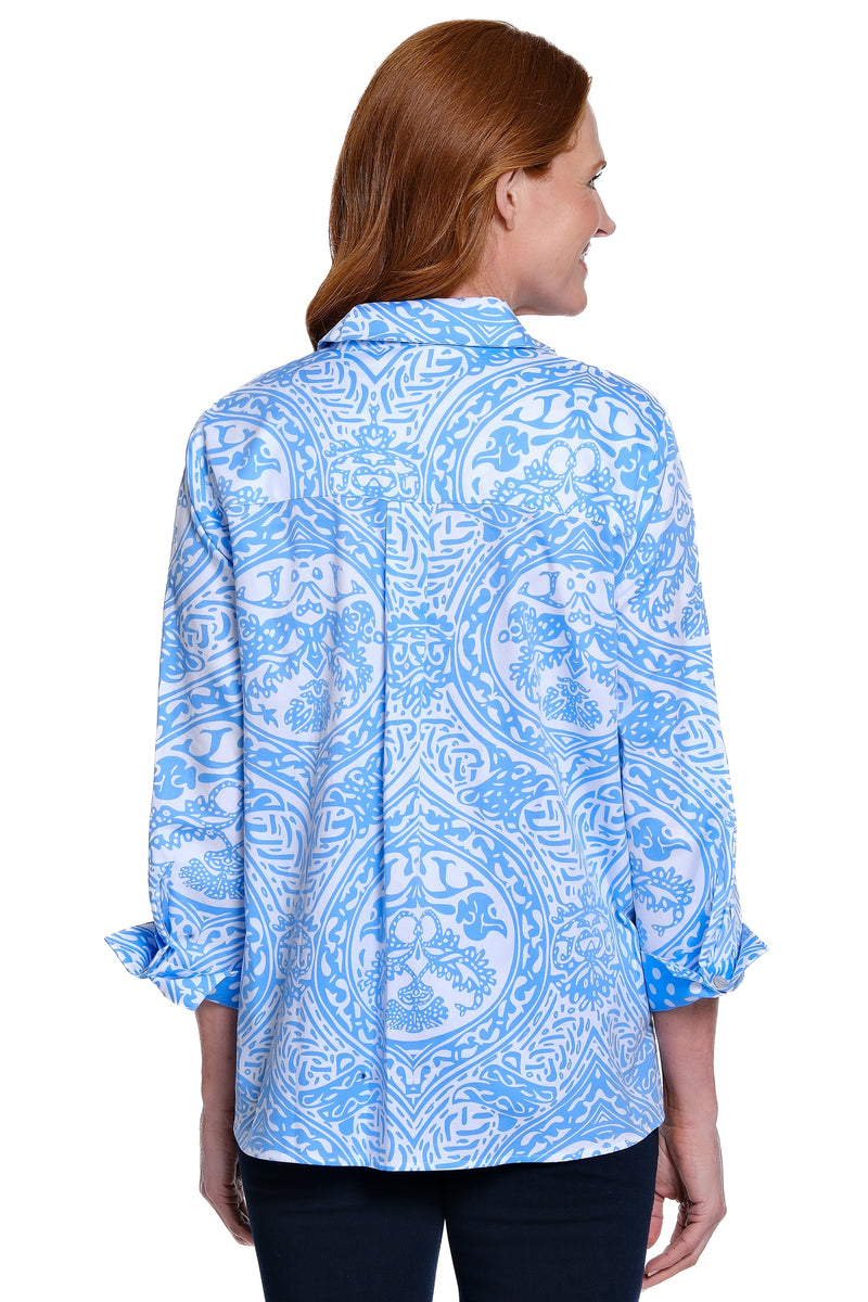 Print Cotton Button Front Blouse - Blue/White