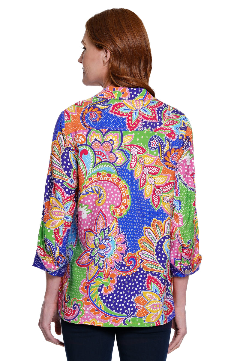 Print Button Front Blouse - Paisley Multi