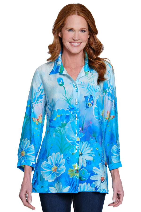 Print Woven Button-Up Top - Plus - Cornflower