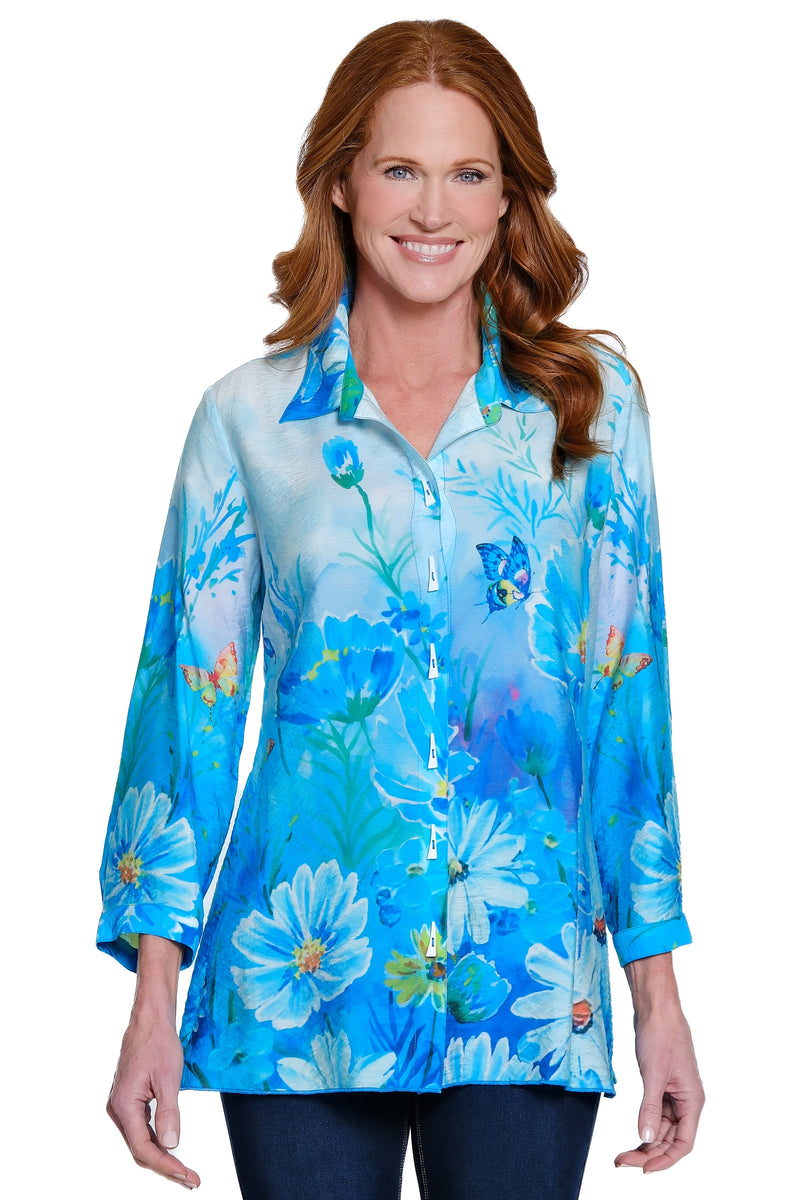 Print Woven Button-Up Top - Cornflower