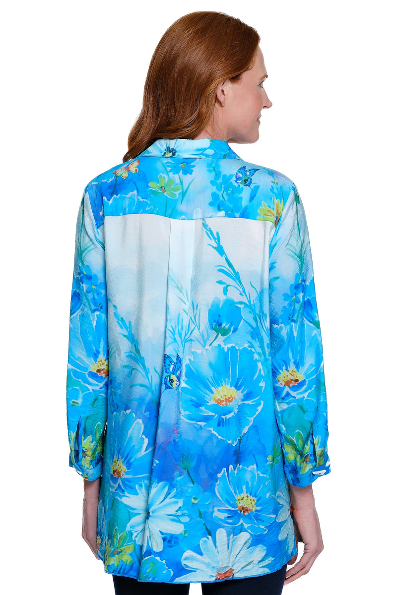 Print Woven Button-Up Top - Cornflower