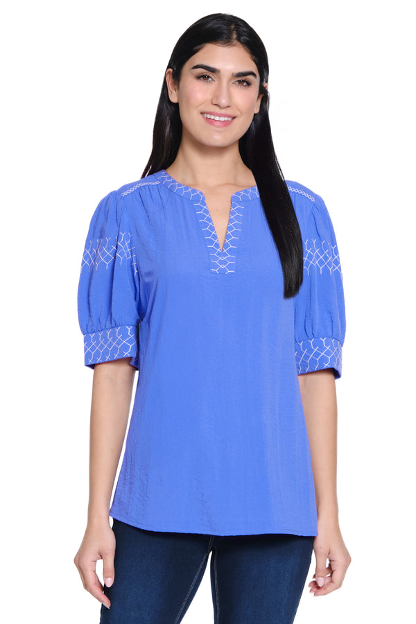 Embroidered V-Neck Top - Plus - Clear Blue