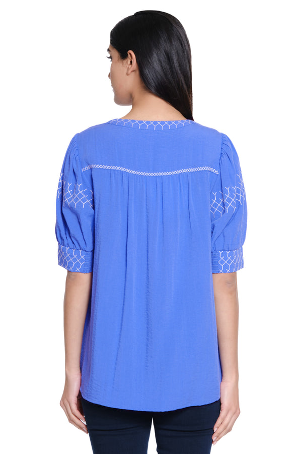 Embroidered V-Neck Top - Plus - Clear Blue