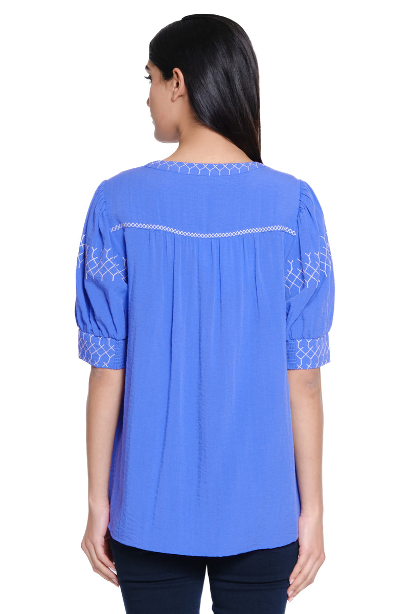 Embroidered V-Neck Top - Clear Blue