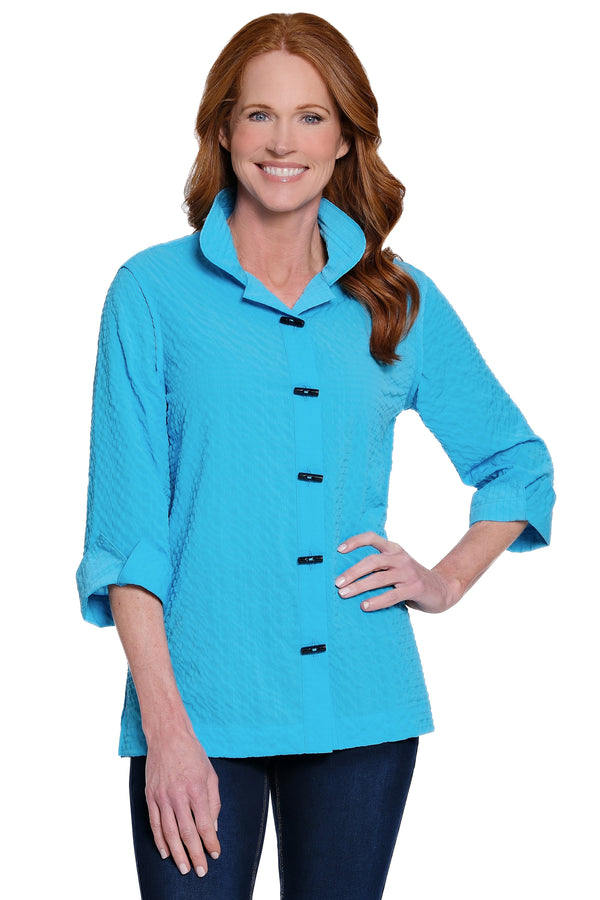 Button Front Wire Collar Top - Petite - Aqua