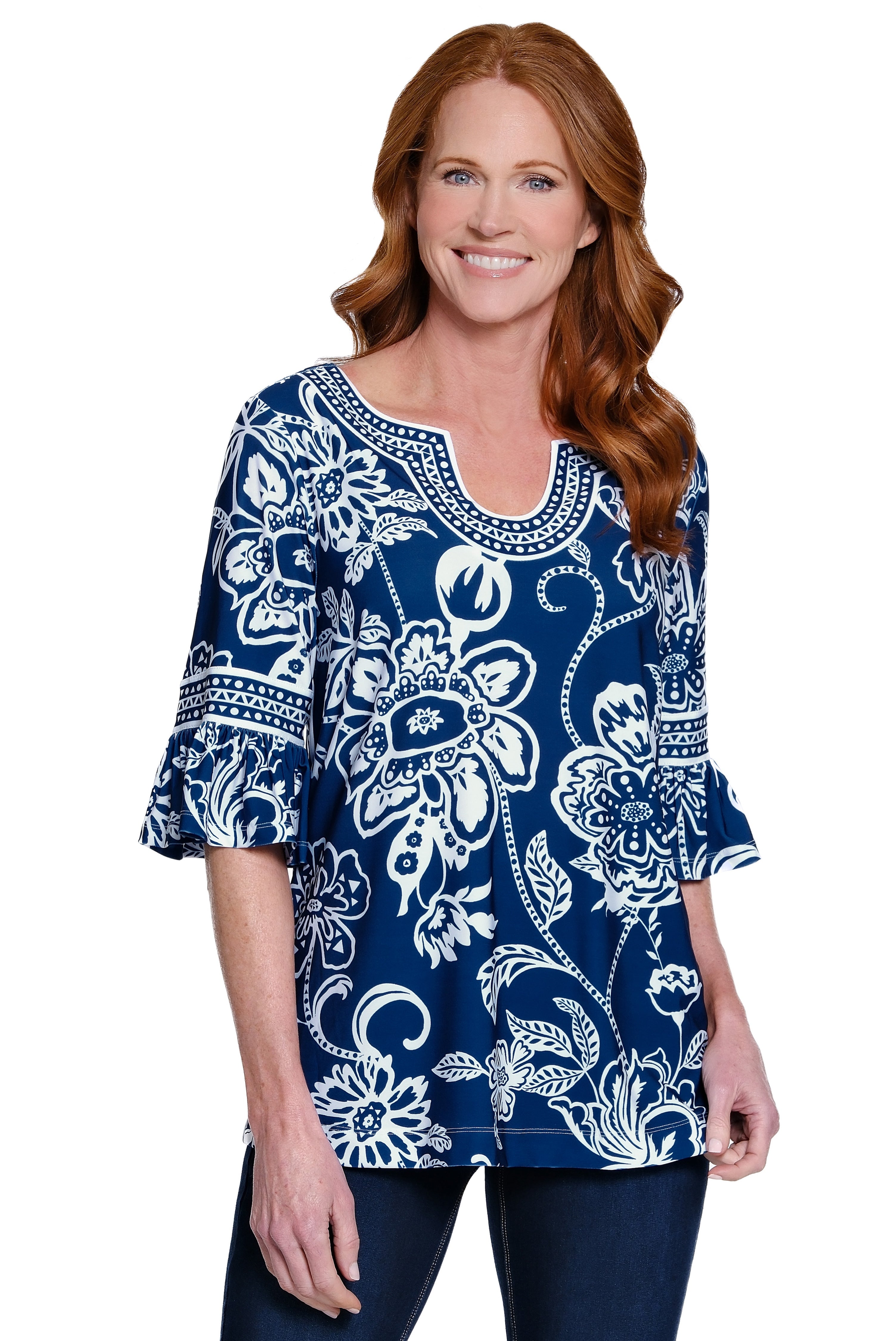Printed Tunic with Flounced Sleeves - Petite - Blue Floral