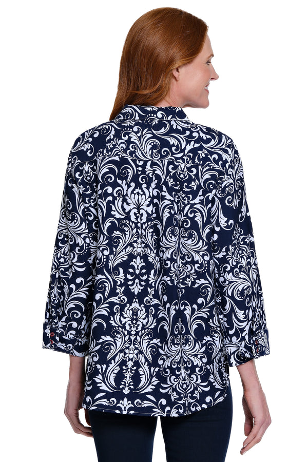 Print Cotton Button-Front Tunic - Petite - Navy Print