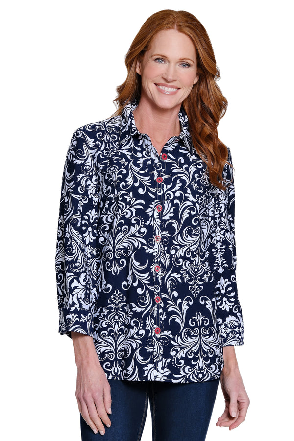 Print Cotton Button-Front Tunic - Petite - Navy Print