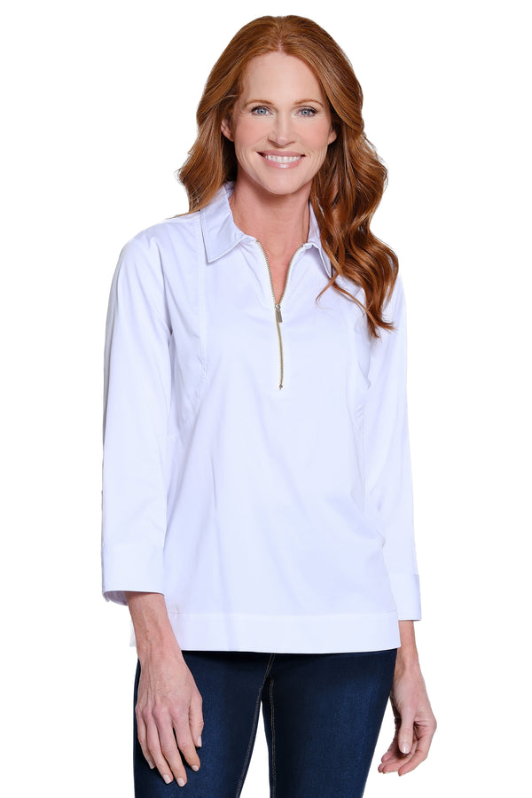 Woven Tunic with Quarter Zip - Petite - White