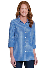 Printed Linen Blend Button-Front Tunic - Petite - Pacific