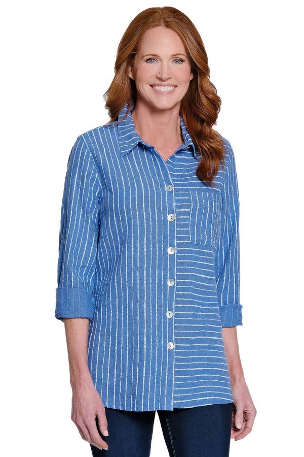Printed Linen Blend Button-Front Tunic - Petite - Pacific