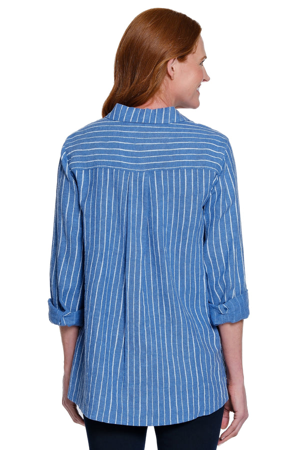 Printed Linen Blend Button-Front Tunic - Petite - Pacific
