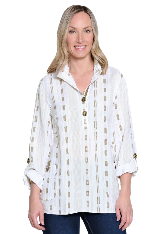 Printed Linen Blend Button-Front Tunic - Plus - French Almond