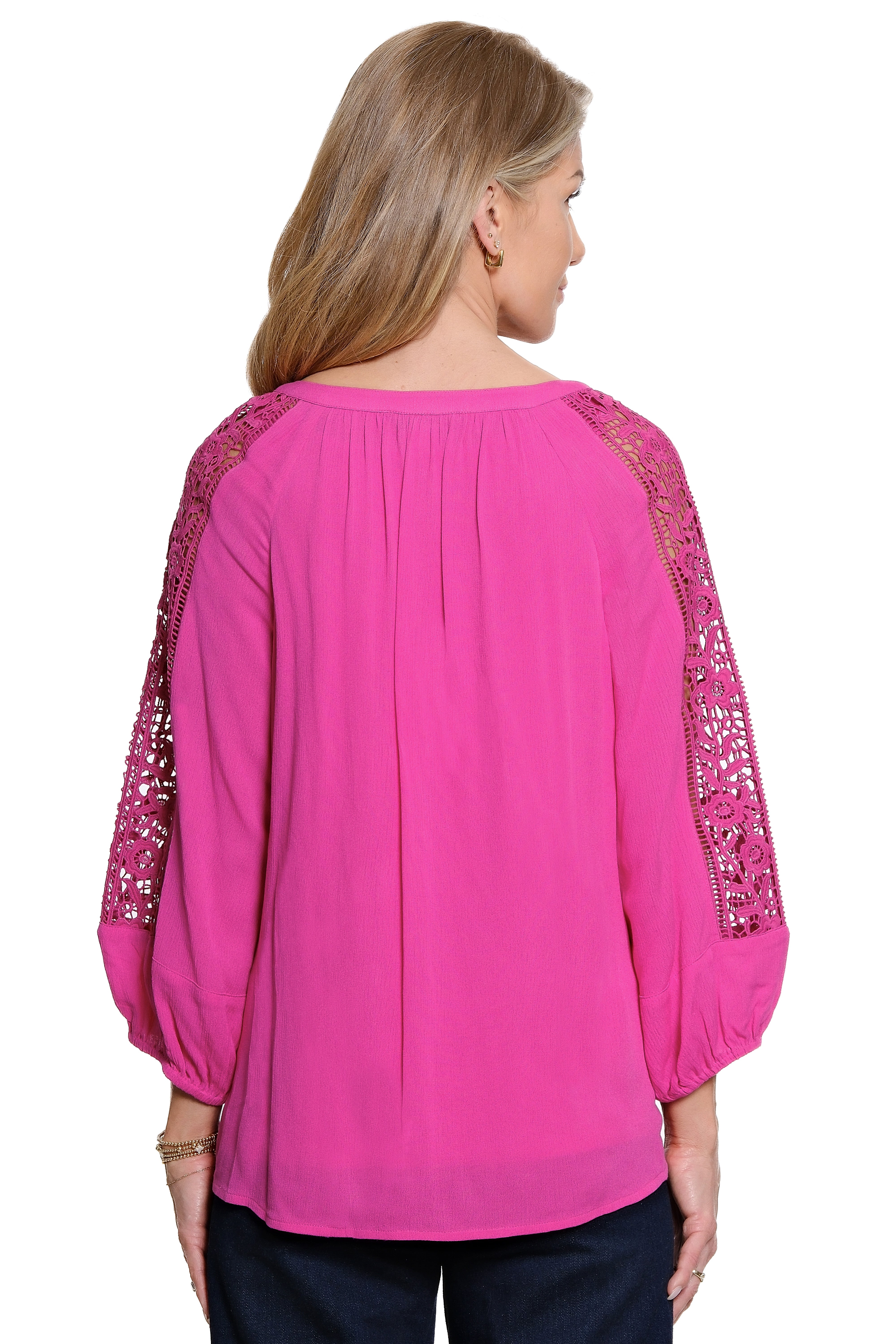 Woven Button Front Tunic with Lace Panels - Raspberry Rose