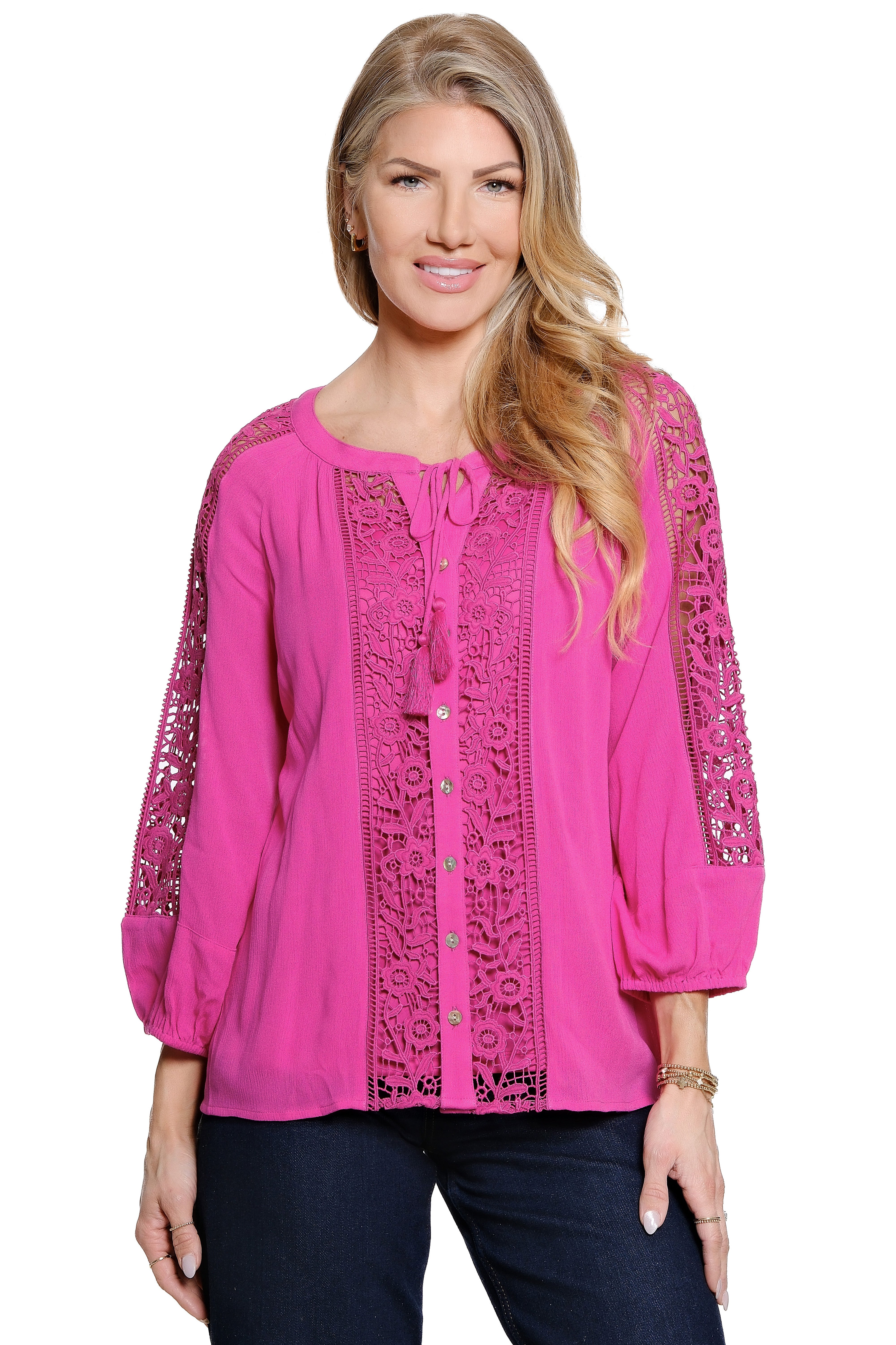 Woven Button Front Tunic with Lace Panels - Raspberry Rose