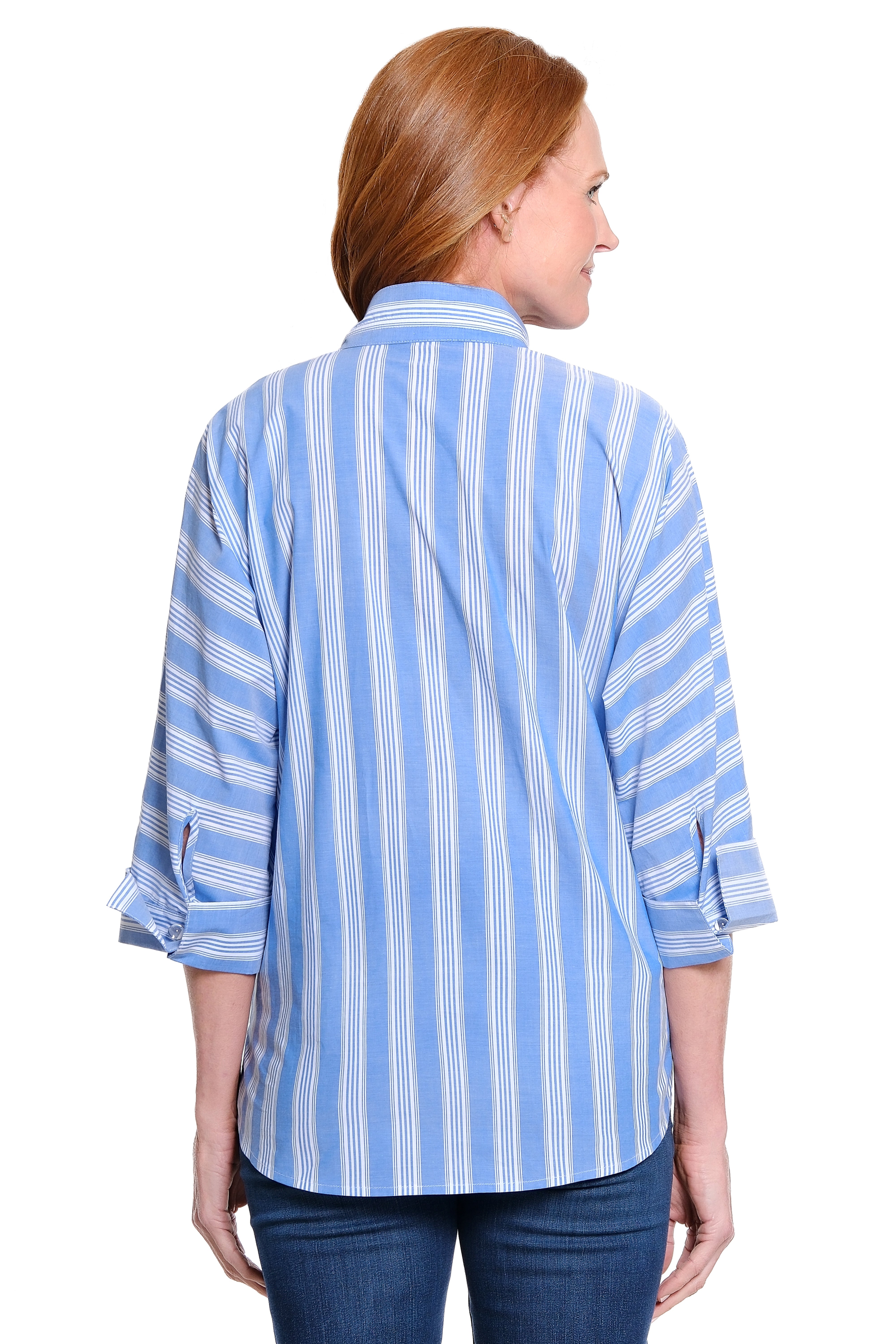 Woven Cotton Pop-Over Tunic with Wire Neck - Blue Stripe