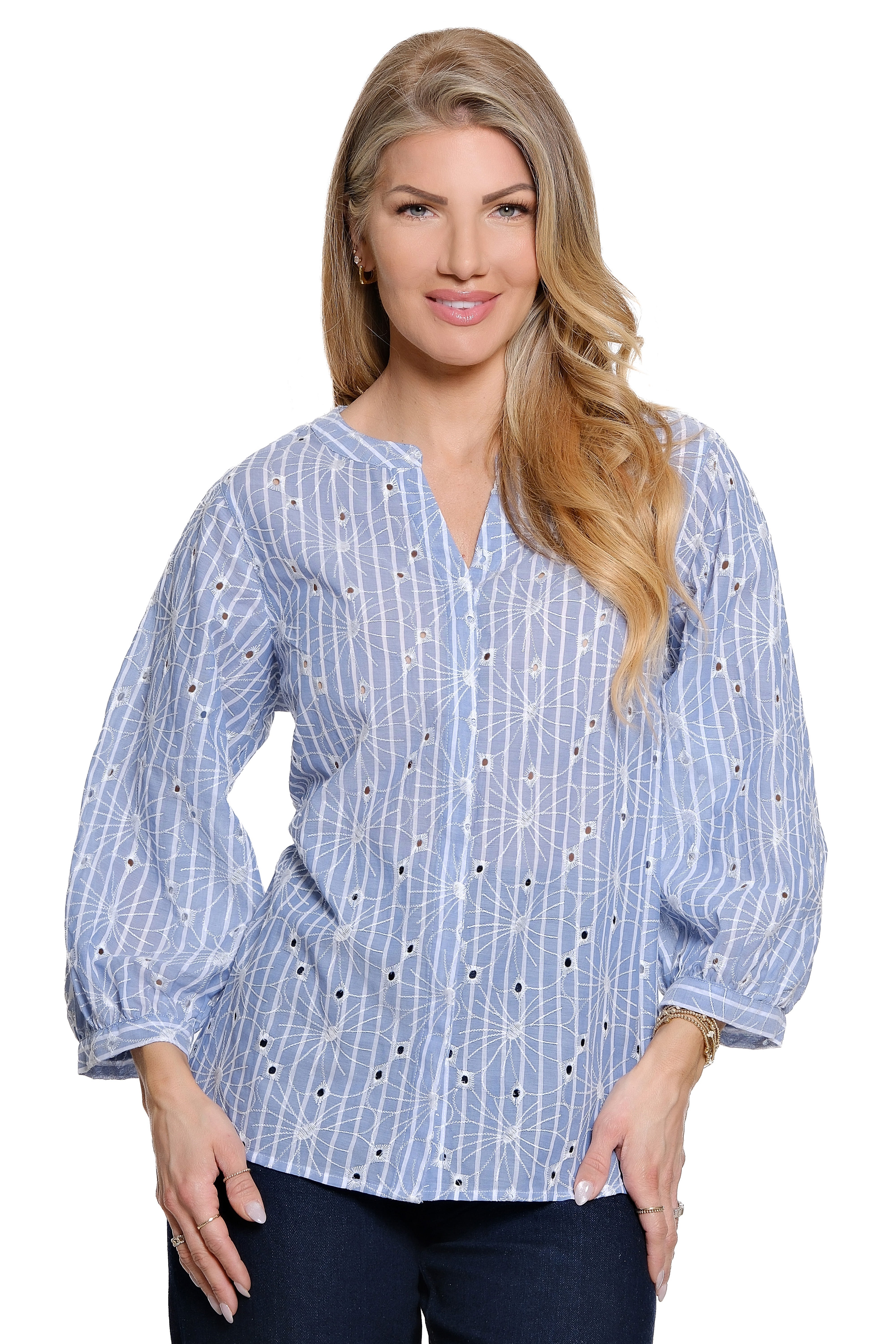 Woven Cotton Embroidered Eyelet Popover Top - Breeze