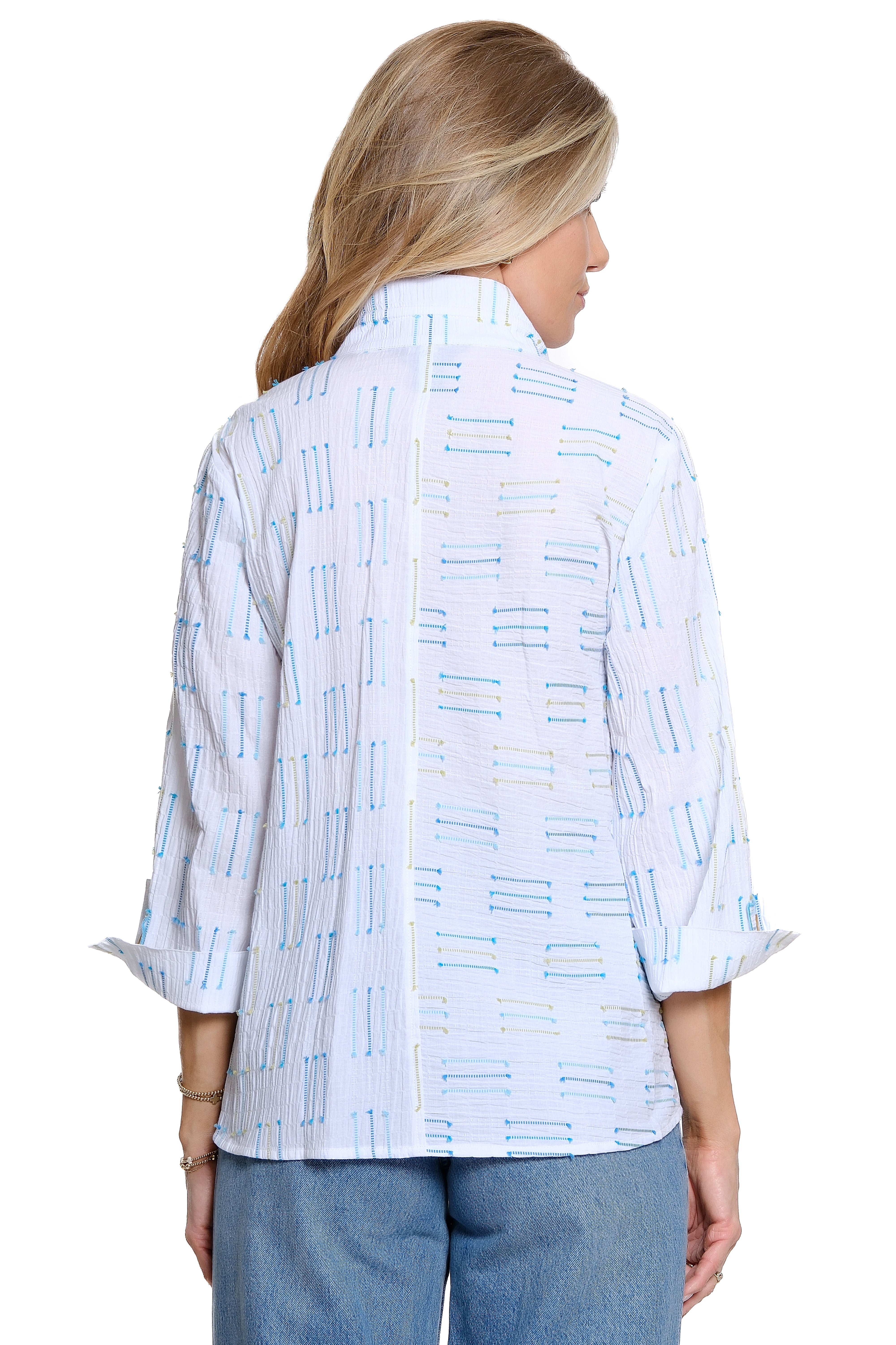 Woven Jacquard Button Front Top with Wire Neck - White