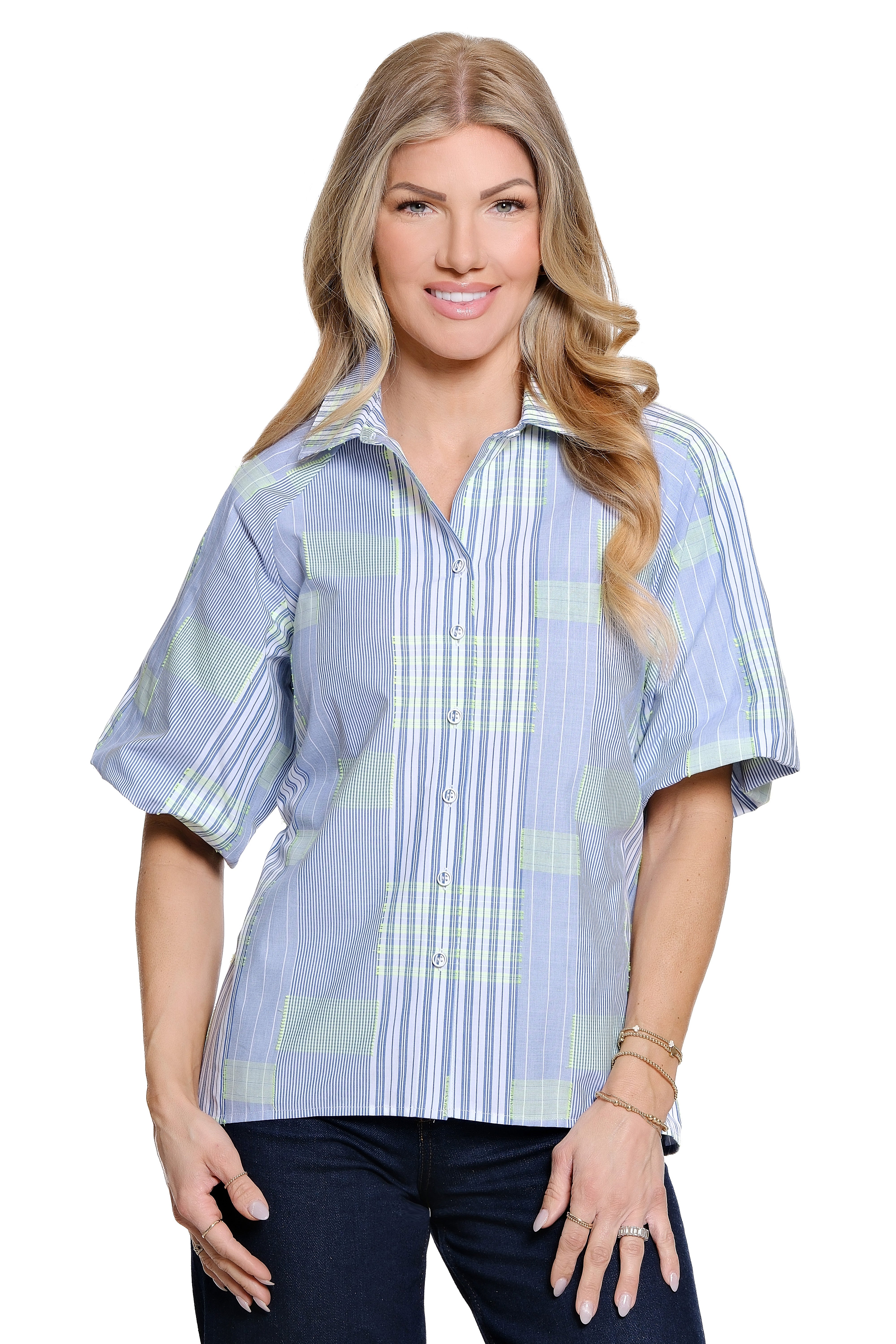 Woven Cotton Button Front Top with Point Collar - Blue