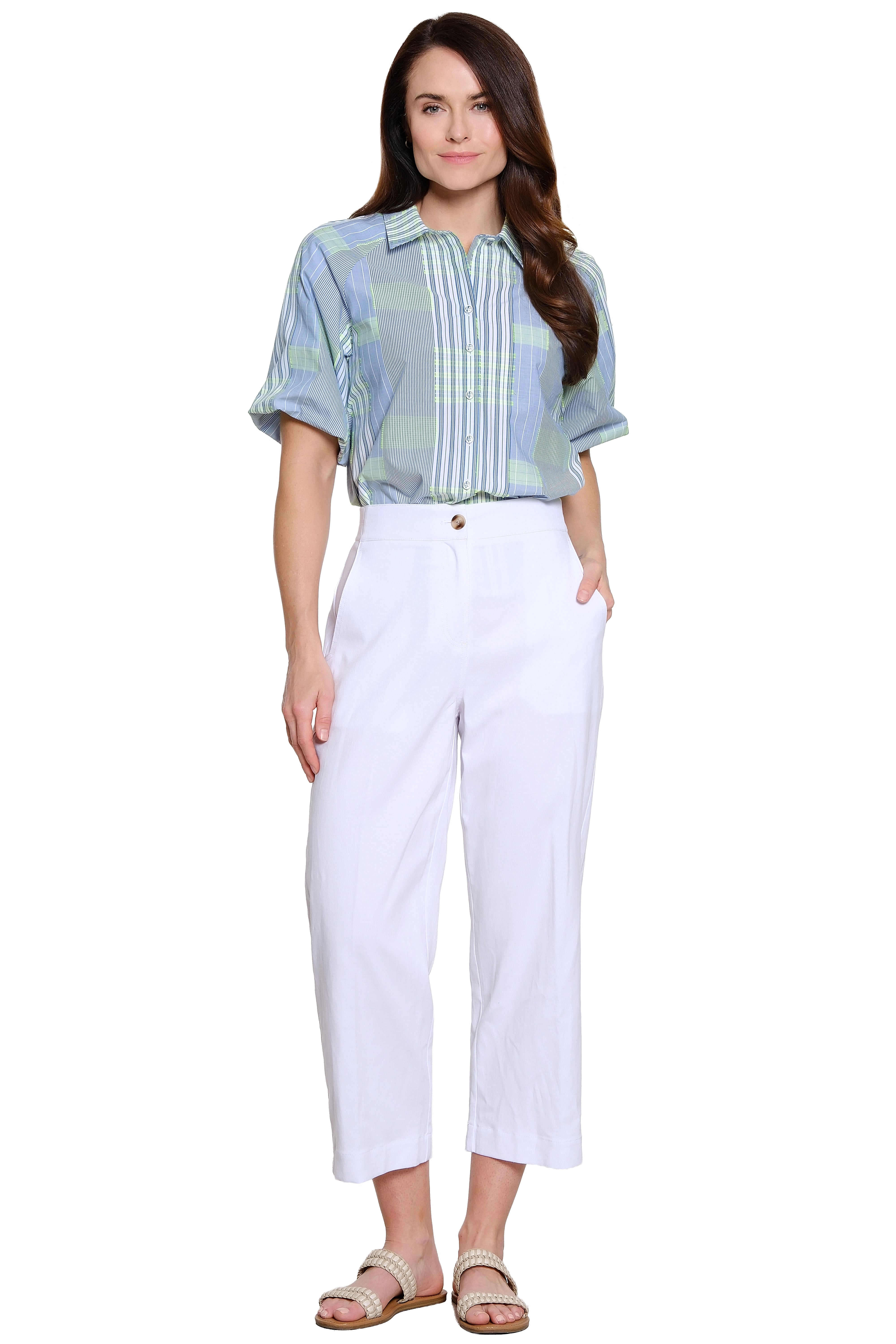 Woven Cropped Button Zip Front Pant - White