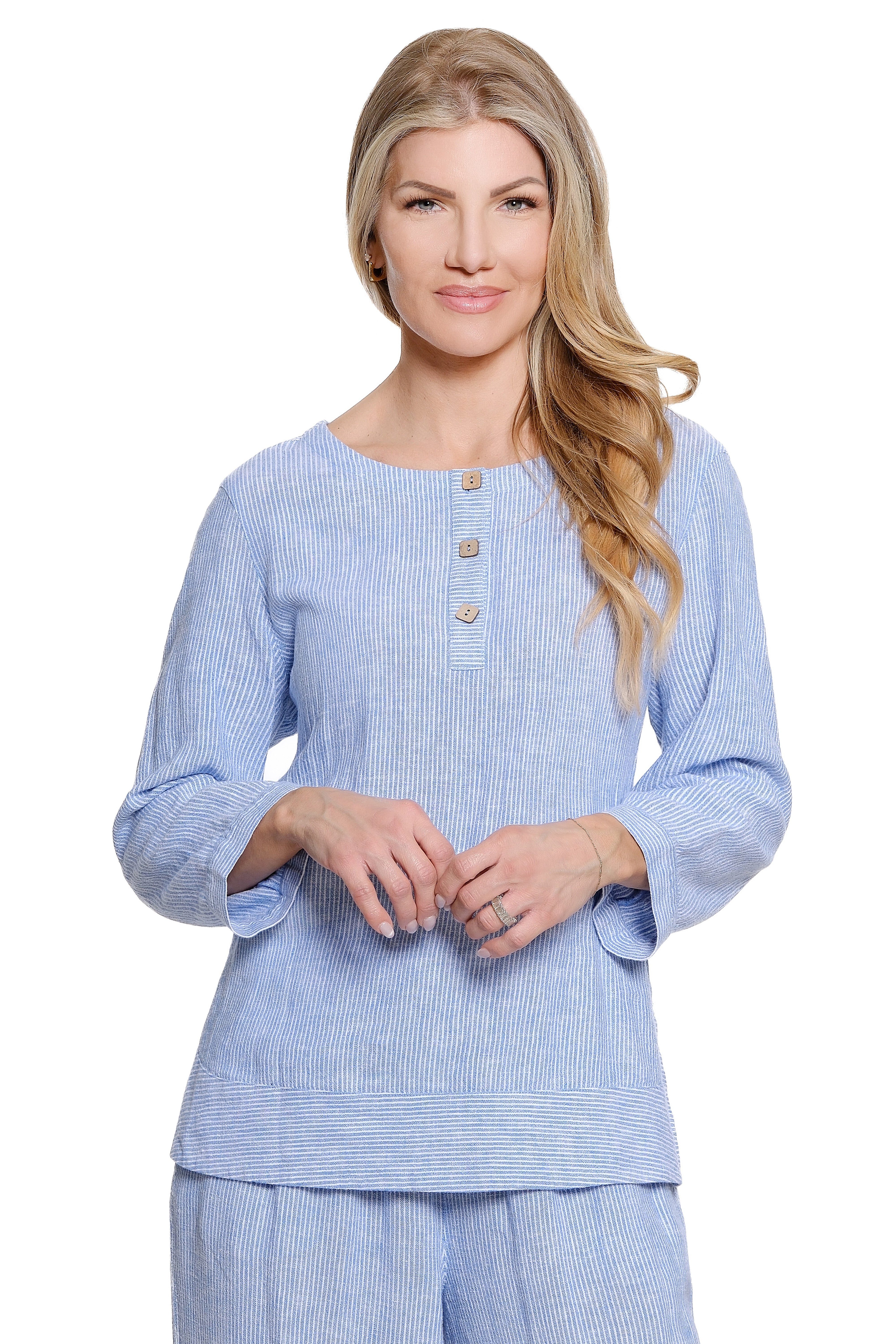 Woven Yarn-Dyed Stripe Button-Up Top - Clear Blue