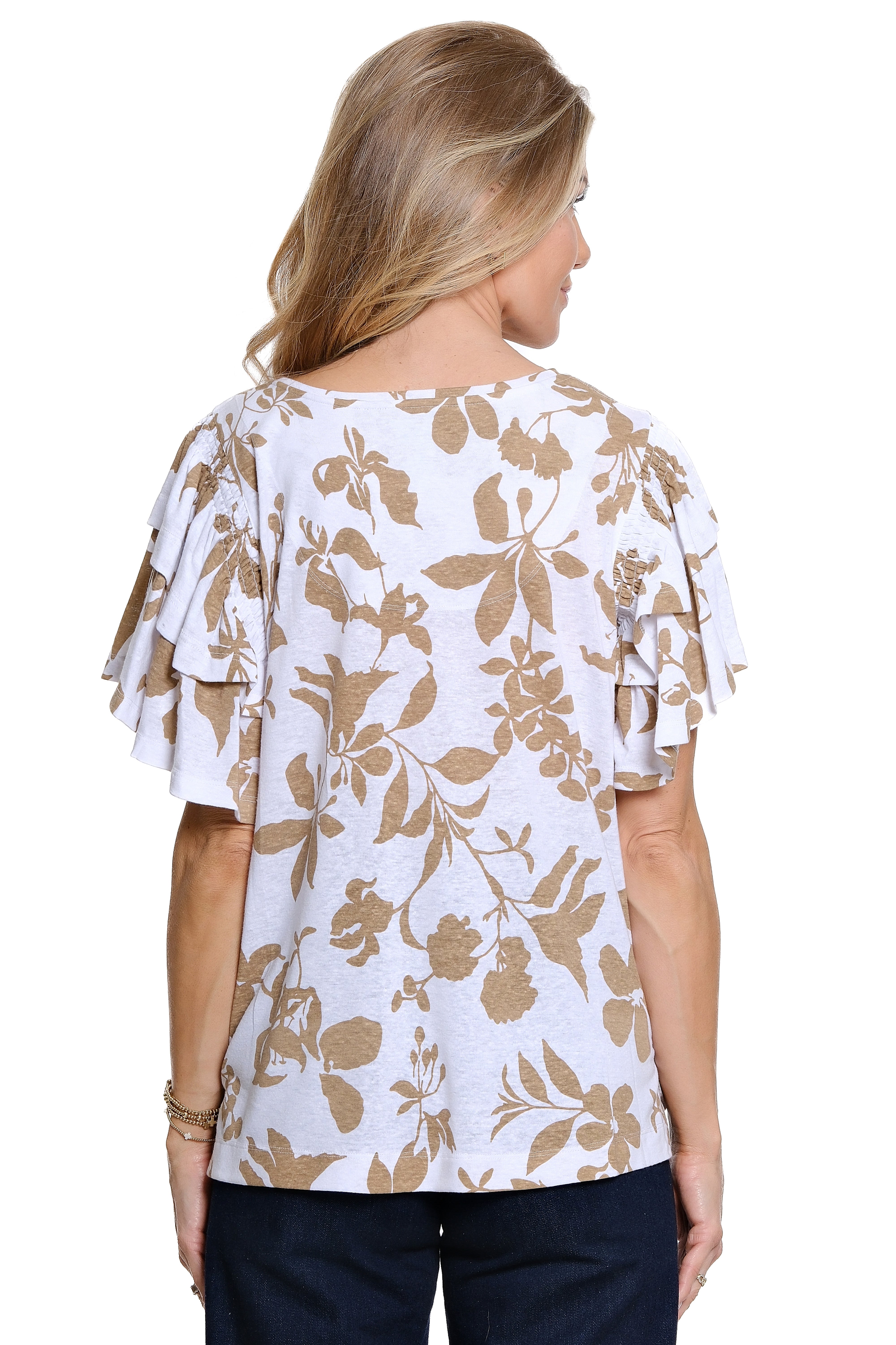 Knit Shirred Sleeve Top - Leaf Print